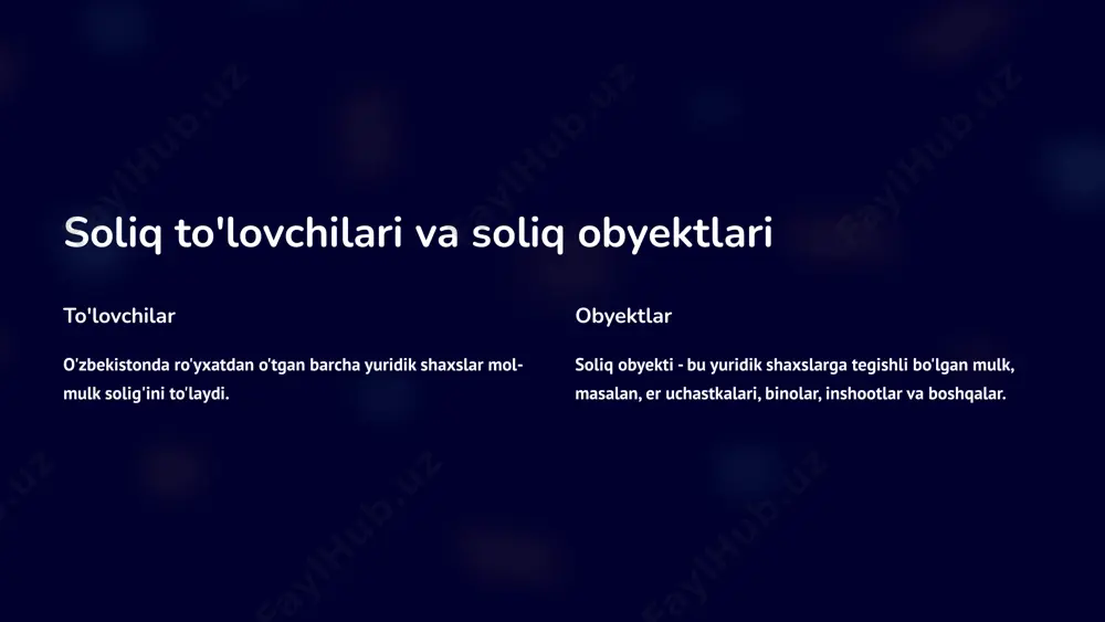 oliq hisoblanishi bozor qiymati soliq hisoblash uchun mol-mulkning bozor qiymati aniqlanadi. soliq stavkasi aniqlangan bozor qiymati soliq stavkasi bilan ko'paytiriladi. soliq summasi natijada hosil bo'lgan summa soliq summasini tashkil etadi. mol-mulkga solinadigan soliqni hisoblash tartibi 1 bozor qiymati soliq obyektining bozor qiymati belgilanadi. 2 soliq stavkasi soliq obyektining turiga qarab tegishli soliq stavkasi qo'llaniladi. 3 soliq summasi bozor qiymati soliq stavkasi bilan ko'paytiriladi va soliq summasi hisoblanadi. mol-mulkga solinadigan soliqni to'lash muddatlari har chorak soliq to'lovi har chorakda, ya'ni 3 oyda bir marta amalga oshiriladi. muddatlar soliq to'lash muddatlari soliq davri tugaganidan keyingi oyning 15-kunigacha belgilanadi. mol-mulkga solinadigan soliq deklaratsiyasini topshirish 1 deklaratsiya soliq to'lovchilar soliq deklaratsiyasini soliq davri tugaganidan keyingi oyning 15-kunigacha topshirishlari kerak. 2 elektron topshirish deklaratsiyani elektron shaklda topshirish imkoniyati mavjud. 3 qo'lda topshirish agar elektron topshirish mumkin bo'lmasa, deklaratsiya qog'oz shaklda topshiriladi. mol-mulkga solinadigan soliq to'lanmaganda yoki kechiktirilganda qo'llaniladigan jarima sanksiyalari jarima soliq to'lanmasa yoki kechiktirilganda …