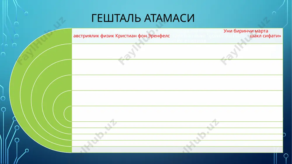 - butun tuzilishdir ( biror narsaning to'liq obrazi) geshtaltlar - ob'ektiv kuzatish va idrok mazmunini tasvirlash yo'li bilan o'rganiladi. sezgi -bu idrokning asosi emas, chunki u faqat sodda qo'zg'alish jarayonidir. ko'rish idroki bu - inson uchun asosiy psixik jarayon bo'lib, u psixikaning rivojlanishini belgilab beruvchi asosdir. tafakkur - bu ma'lum muammolarni hal qilish jarayoni orqali namoyon bo'ladi. (produktiv va reproduktiv) tafakkur idrok etishning yaxlitligi va tartibliligiga quyidagi tamoyillar tufayli erishiladi: yaqinlik - bir- biriga yaqin qo'zg'atuvchilar birgalikda idrok etiladi. o'xshashlik - hajmi, shakli, rangi yoki sifati o'xshash bo'lgan narsalar birgalikda idrok etiladi. yaxlitlik - idrok olamni soddalashtirishga va yaxlitlit obrazga keltirishga qodir. to'ldirish - shaklni to'liq shaklga ega bo'lishi uchun, idrok to'ldirish qonuniyatidan foydalanadi . bog'liqlik - vaqt va makonda yaqinlik. bir hodisa boshqasini qo'zg'atadigan qo'g'atishi va unga sabab bo'lishi mumkin umumiy maydon - o'rganish va o'tmishdagi tajribalar bilan bizning kundalik idrokimiz shakllanadi. geshtalt rasmlar (vizual illyuziyalar) shaklni o'zgartiruvchilar (vizual …