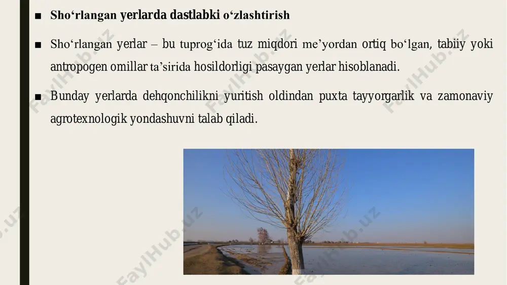 sho‘rlangan yerlar: turlari va ularning xususiyatlari ■ sho‘rlanish turlari: ■ tabiiy sho‘rlanish – geologik jarayonlar natijasida yer osti suvlari orqali yuzaga keladi. ■ sun’iy (antroprogenik) sho‘rlanish – noto‘g‘ri sug‘orish, drenaj tizimining yetarli emasligi yoki suv resurslaridan noto‘g‘ri foydalanish oqibatida yuzaga keladi. turi tavsifi sho‘r yerlar suvda eruvchan tuzlar ko‘p, o‘simliklar o‘sishiga to‘sqinlik qiladi shorlanmagan, lekin sho‘rlanish xavfi yuqori yerlar sug‘orish natijasida sho‘rlanish ehtimoli mavjud sho‘r-botqoq yerlar yuzasi nam, tuproq sho‘rlangan, suv o‘tkazmaydi shorlangan chuchuk yerlar sug‘orish uchun yaroqli, lekin drenaj tizimi zarur sho‘r yerlarning turlari: ■ tuproq va suv tahlili ■ fizik-kimyoviy tahlil orqali ec (elektr o‘tkazuvchanlik), ph, natriy miqdori aniqlanadi. ■ sho‘rlanish darajasi bo‘yicha yer uchastkalari kartalashtiriladi. ■ 2. meliorativ chora-tadbirlar ■ yuvish: sho‘rlarni yuvib tushirish uchun katta hajmdagi suv yuboriladi. ■ drenaj tizimi: sho‘rli suvlarni tuproqdan chiqarish uchun ochiq yoki yopiq drenaj tarmoqlari tashkil qilinadi. ■ gipslash: sho‘r yerlar natriyga boy bo‘lishi mumkin. gips (caso₄) kiritib, natriyni yuvish …