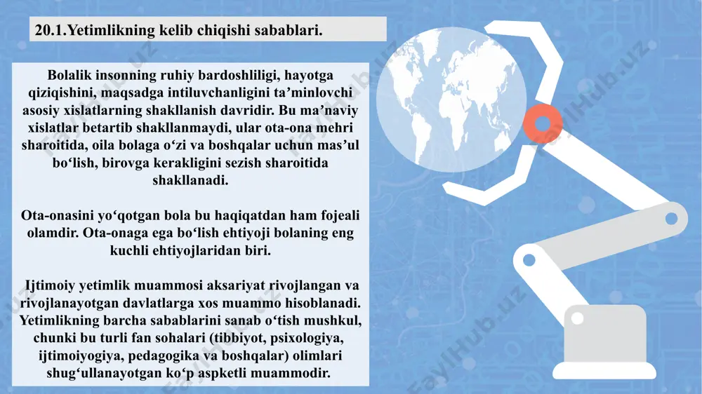 nlardan uni olib ketmayotgan bolalar kiradi. davlat qaramogʻiga olishi bolalikka olinmagan yetim bolaga uni maxsus muassasalarga joylashtirish orqali tarbiyasi va rivojlanishi uchun sharoitlar yaratib berish. bola vaqtinchalik qabul qiluvchi oila, bolalar va goʻdaklar uyi, maktab-internetga joylashtirilishi mumkin.qabul qiluvchi oila bilan ijtimoiy pedagogik faoliyat yuritish bolalikka olingan bola turli xildagi qabul qiluvchi oilalarga-bolalikka oluvchi oila yoki vasiyat oilaga borib qolishi mumkin. ular oʻrtasidagi farq shuki birinchi holatda bolani qarindoshlari topib olishadi, ikkinchisida, oila vazifasini bolaga qarindoshlik aloqalari boʻlmagan shaxslar bajaradi. ularni boqish, taʼlim berish, himoyalash uchun qonun bilan belgilangan vasiylik shakllari mavjud. vasiy deganda muomalaga layoqatsizlarni shaxsiy va mulkiy huquqlarini qoʻriqlovchi shaxs tushuniladi. yetim bolalarga vasiylik qilish ikki yoʻl bilan amalga oshiriladi -bolalikka olish yoki davlat qaramogʻiga topshirish. -vaqtinchalik qabul oilasi. bu bizning jamiyatimiz uchun yangi hodisadir. bunaqa oila bola shoshilinch tarzda oilasidan judo qilinsa (turli sabablar asosida; oʻz oilasida inqirozli vaziyat, oʻlim va boshqalar) zarur boʻlib qoladi. vaqtinchalik qabul qiluvchi …