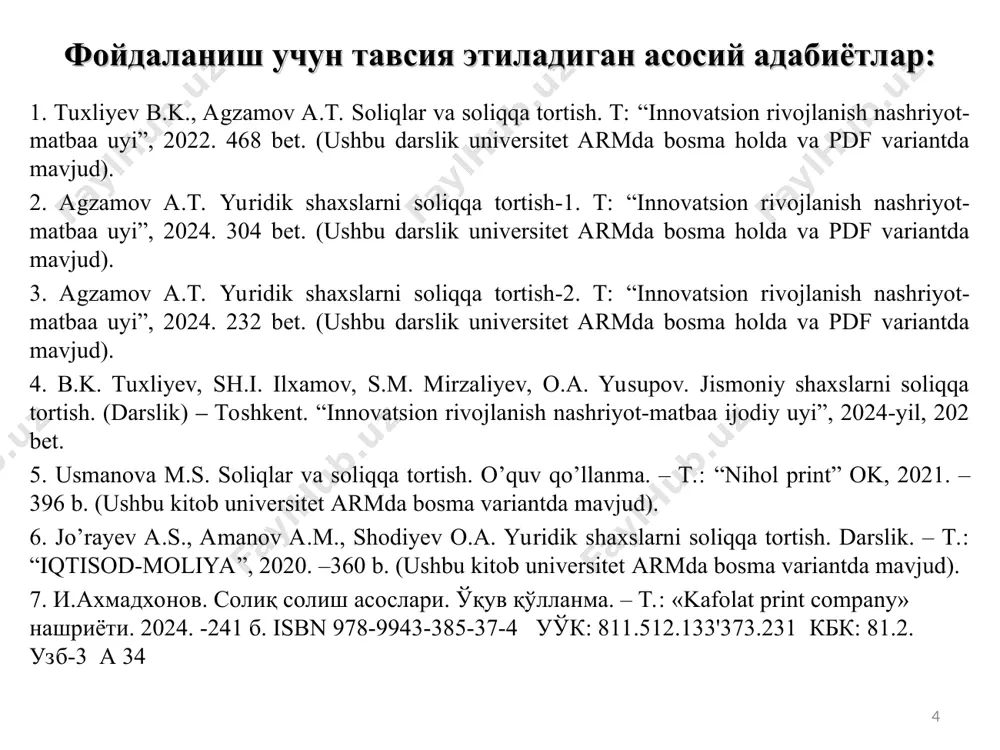 ўлим. фойда солиғи xiii бўлим. жисмоний шахслардан олинадиган даромад солиғи xiv бўлим. ижтимоий солиқ xv бўлим. мол-мулк солиғи xvi бўлим. ер солиғи xvii бўлим. сув ресурсларидан фойдаланганлик учун солиқ xviii бўлим. ер қаъридан фойдаланганлик учун солиқ + рента солиғи xix бўлим. йиғимлар xx бўлим. айланмадан олинадиган солиқ ххi бўлим. солиқ тўловчиларнинг айрим тоифаларига ва ўзбекистон республикасининг айрим ҳудудларида солиқ солишнинг ўзига хос хусусиятлари 1998 йилги ск амалдаги солиқ кодексига 12 йил ичида 2000 га яқин ўзгартиришлар киритилди солиқ қонунчилигининг ўзгарувчанлиги ва солиқ тизимининг нобарқарорлиги 2018- 2019 йилда * режа 1. “солиқ ва солиққа тортиш” фанининг мазмуни, предмети ва методи. 2. солиқ тизимида рўй бераётган ҳодиса ва жараёнларни ифодалашда “солиқ ва солиққа тортиш” фанининг аҳамияти. 3. солиқ ва солиққа тортиш фанининг бошқа фанлар билан боғлиқлиги. 4. солиқ солишнинг асосий принциплари. солиқларнинг иқтисодий моҳияти ва принциплари бу дунёда фақат ўлим билан солиқдан қочиб қутулиб бўлмайди (яъни ўлим ва солиқ муқаррардир). америкалик йирик …