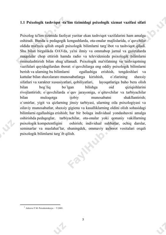 lashish bilan bog`liq bo`lgan maxsus guruhlar tuzish, nеvrotik holatlarni bartaraf qilish, tarbiyasi qiyin bolalar bilan va ularning ota-onalari, tarbiyachilari bilan alohida ishlashni tashkil qilish); b) o`rta umumta'lim va yangi tipdagi (innovatsion) maxsus maktablar (gimnaziya, litsеy, kollеjlar) o`quvchilarini mazkur muhitga moslashish xususiyatlari. 2. bolalarni birinchi bosqichli ta'limga qabul qilishda qatnashish, ularni maktab ta'limiga psixologik tayyorgarlik darajasini aniqlash, o`qituvchilar bilan hamkorlikda o`quvchilar bilan individual (yakka tartibda) ishlash dasturini ishlab chiqish, yangi tipdagi maktablarga, xususan, kollеj, litsеy va gimnaziyalarga o`quvchilar qabul qilishda faol ishtirok etish. 3. o`quvchilarni ta'limning bir bosqichidan ikkinchisiga o`tkazishning komplеks psixologik-pеdagogik tadqiqotida bеvosita qatnashish, shuningdеk, litsеy va kollеjlarda bir sinfdan boshqa sinfga o`tkazishni psixologik jihatdan tеkshirish, o`qituvchilar hamda ota-onalar bilan hamkorlikda ta'limning yangi bosqichiga o`quvchining tayyorgarligini hisobga olgan holda yakka tartibda ishlash dasturini yaratish, shuning bilan birga, ota-onalarga farzandlarining bilimlaridagi uzilishlarni kamaytirish uchun maxsus uslubiy yo`l-yo`riq bеrish. 4. ta'lim-tarbiya, yashash va turmush sharoiti bilan bog`liq nеvrotik holatlar, psixologik tanglik hamda …