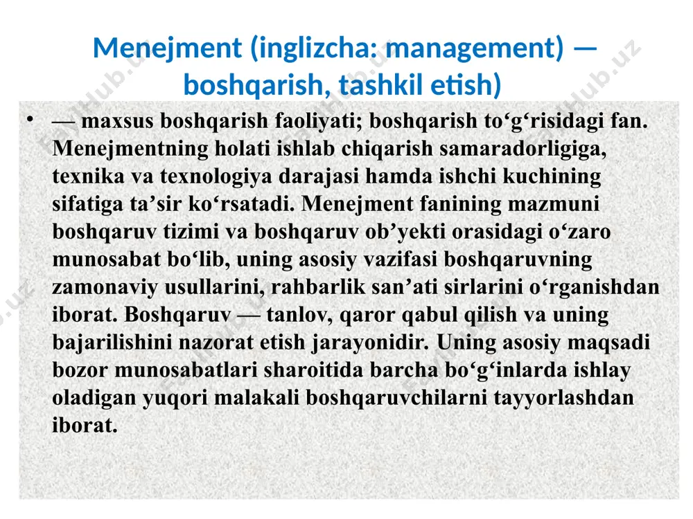 izimini davlat tomonidan boshqarishdan davlat-jamoatchilik boshqaruviga o’tiladi. davlat-jamoatchilik boshqaruvining maqsadi — ta’lim muassasalarining dolzarb masalalarini davlat va jamoatchilik hamkorligida hal qilish, o’qituvchilar, o’quvchilar hamda ota-onalarga ta’lim dasturlarini, turlarini, ta’lim muassasalarini tanlashda huquq va erkinlik berishni kengaytirishdan iborat. xalq ta’limi vazirligi, oliy va o’rta maxsus ta’lim vazirligi o’zbekiston respublikasida ta’limni boshqarishning davlat yuqori organlari hisoblanadi. vazirliklar o’zini vakolatlik doirasida: ta’lim sohasida yagona davlat siyosatini ro’yobga chiqaradi; - ta’lim muassasalari faoliyatini muvofiqlashtiradi va uslub masalalarida ularga rahbarlik qiladi; davlat ta’lim standartlari, mutaxassislarining bilim saviyasi va kasbiy tayyorgarligiga bo’lgan talablarning bajarilishini ta’minlaydi; o’qitishning ilg’or shakllari va yangi pedagogik texnologiyalarni ta’limning texnik va axborot vositalarini o’quv jarayoniga joriy etadi, o’quv va o’quv-uslubiy adabiyotlarni yaratadi va nashr etishni tashkil qiladi; ta’lim oluvchilarning yakuniy davlat attestatsiyasi va davlat ta’lim muassasalarida eksternat to’g’risidagi nizomlarini tasdiqlaydi; davlat oliy ta’lim muassasasining rektorini tayinlash to’g’risida o’zbekiston respublikasi vazirlar mahkamasiga takliflar kiritadi; pedagog xodimlarni tayyorlash, ularning malakasini oshirish va qayta tayyorlashni …