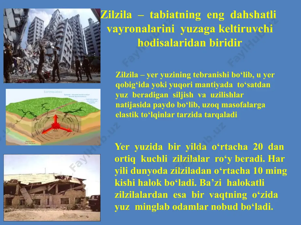 ublikamiz hududida ro‘y bergan ba’zi zilzilalar oqibatlari bilan tanishib chiqamiz. 1620 yili ko‘hna axsi shahrida (namangan yaqinida) 8-9 ball kuch bilan sodir bo‘lgan zilzila shaharni tamomila vayron qildi. juda ko‘p aholi vayronalar tagida qolib ketdi. kuchli yer silkinishi natijasida sirdaryo o‘zanidan chiqib, tevarak atrofni suv bosgan. ulkan daraxtlar tomiri bilan qulab tushgan. takroriy yer silkinishlari 6 oy davom etgan. 1. mamlakatimizda sodir bo’lgan kuchli zilzilalar oqibatlari. 1. mamlakatimizda sodir bo’lgan kuchli zilzilalar oqibatlari. 1946 yilning 3 noyabrida sodir bo‘lgan chotqol zilzilasining magnitudasi 7,5, epitsentrdagi kuchi 9 ball. zilzila o‘zbekiston va qirg‘izistonning katta hududini qamrab olib, uning kuchi toshkent va andijonda 7 ball, karavonda 8, to‘xtagulda 8-9 ballni tashkil etgan. zilzila oqibatida toshkentda ko‘pgina g‘ishtin binolar shikastlangan. mutaxassislarning fikricha, shikastlanish sabablaridan biri – g‘isht terish sifatining nihoyatda pastligi hamda antiseysmik choralarning qo‘llanilmaganligi bo‘lgan. antiseysmik kamari bo‘lmagan qator binolarda bo‘ylama devorlar ko‘ndalang devorlardan ajralib qolgan. qorishmaning markasi juda past (10 dan kam) …