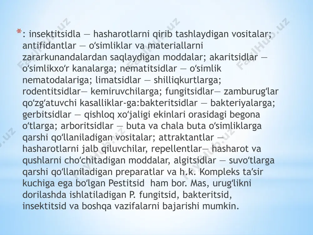 rdan notoʻgʻri foydalanish flora, fauna, qishloq xoʻjaligi hayvonlari va odamlar uchun xavfli holatlarni vujudga keltiradi. pestitsidni tanlashda ularning zaharliligi — kimyoviy moddalarning organizmni zaharlash xususiyatiga katta ahamiyat beriladi. zaharlilik darajasi — dozalar, yaʼni moddaning organizm hayot faoliyatini buzadigan yoki nobud qiladigan (tajribadagi hayvonlarning oʻrtacha har kg vazniga toʻgʻri keladigan mg hisobidagi zaharli modda) miqdori bilan belgilanadi. pestitsidning zaharliligi, odatda, tajribadagi bir guruh hayvon (kalamush, sichqon) maʼlum qismining nobud boʻlishi bilan sarflangan dozani qiyoslab aniklanadi. p.ning bundam dozalari oʻd50 (tajribadagi hayvonlarning 50% ni oʻldiradigan doza) belgisi bilan ifodalanadi. qabul qilingan tasnifga koʻra, pestitsidlar zaharliligi shartli ravishda 4 guruhga boʻlingan: oʻta zaharli (oʻd50 50 mg/kg gacha); zahari kuchli (oʻd5a 50–200 mg/kg); oʻrtacha zaharli (ud50 200 – 1000 mg/kg), zaharlilik darajasi past boʻlgan pestitsidlar (oʻd50 1000 mg/kg dan ortiq). pestitsidning rasmiy tavsiya qilingan doza yoki konsentratsiyasidan ortiq olinganda, qoʻllash usuli hamda muddati notoʻgʻri tanlanganda, shuningdek, iqlim sharoitlari hisobga olinmaganda ular oʻsimlikning kuyishiga, gulchangi …