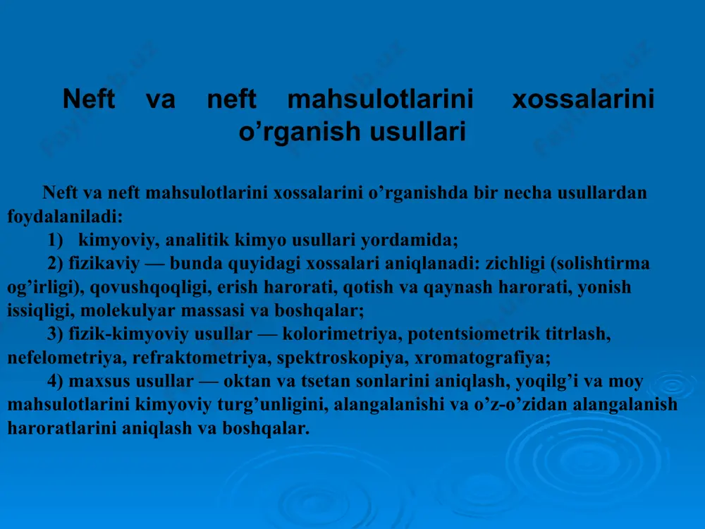 ib boradi. to’g’ri zanjirli alkanlar kristalli tushish xususiyatiga ega, ko’p tarmoqli alkanlar bir necha alkil gruppalariga ega bo’lgan bir halkali alkanlar, aromatik uglevodorodlar va naftalin gomologlari kristallga tushmay amorf holatiga o’tadi. odatda harorat pasayishi bilan neft mahsulot quyuqlashadi va so’ngra kristallga tushadi. quyuqlashish jarayoni boshlanishi xavfli hisoblanadi, chunki bu vaqtda parafinlarning kristallari hali qattiq tusni olmagan bo’lishiga qaramay, neft mahsuloti o’zining harakatchanligini kamaytiradi, filtrlarga tiqilib qolishi va trubalarda probka hosil qilishi mumkin. shu sababli neft mahsulotlarini qotish haroratini bilish muhim ahamiyatga ega. o’t olish, alangalanish va o’z – o’zidan alangalanish harorati neft mahsulotini bug’lariga chetdan alanga olib kelinganda havodagi kislorod bilan yonuvchi aralashma hosil qiladigan haroratni o’t olish harorati deymiz. bu alanga qisqa muddatda yonib, keyin o’chadi. modda bug’larining ma’lum miqdordagi kontsentratsiyasigina havodagi kislorod bilan birga o’t oluvchi aralashma hosil qiladi. shu sababli moddaning kontsentratsiyasini yuqori va pastki chegaralari birligi qabul qilingan. aralashmada modda bug’larini kontsentratsiyasi meyoridan ko’p bo’lsa, kislorod …