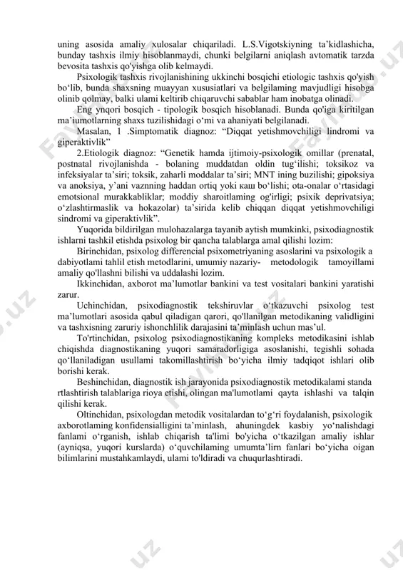 qiling, deymiz». lekin tarbiyachilar bolalar psixologiyasi bo‘yicha bilimlarni juda kam qo‘llaydilar, asosan o‘quvchilar o‘zlashtirmaganlarida, taraqqiyotdan chetlashish yoxud buzilishlar sodir bo‘lgandagina foydalanishga harakat qiladilar. bolalarning bunday holatlari chegara holatlari sifatida, psixik taraqqiyot kamchiligi o‘laroq shaxs aktsentuatsiyasining turli ko‘rinishi sifatida tasniflanishi mumkin. ularni aniqlash uchun bolalar psixologiyasi, klinik patopsixologiya va psixiatriya kabi sohalardagi bilimlar talab qilinadi. bundan tashqari tarbiyachi bolalar psixologiyasining akseleratsiya (tez etilish), pedagogik qarovsizlik kabi muammolarini hal qilishiga to‘g‘ri keladi. o‘qituvchi ta'lim va tarbiyadagi qiyinchiliklar nega va qanday paydo bo‘lishini tushunishi uchun, avvalo bola psixik taraqqiyotining asosiy qonuniyatlarini bilishi va turli psixik holatlarning psixologik diagnostika metodlarini egallashi zarur. o‘qituvchi bolalar bilan ishlashda psixodiagnostik tadqiqot doimiy kuzatish jarayonida olingan natijalardan qanchalik to‘g‘ri foydalana olishi ham muhim hisoblanadi. tajribaga asoslangan psixologik diagnostika fan sifatida xix asr oxirida vujudga keldi. xuddi shu davrda psixologiyada o‘lchash g‘oyasi keng tarqaldi. psixodiagnostikaning mustaqil fan sohasiga aylanishi olimlarning insonlar psixikasidagi individual farqlarga qiziqishining ortishi bilan bog‘liq. psixodiagnostika …