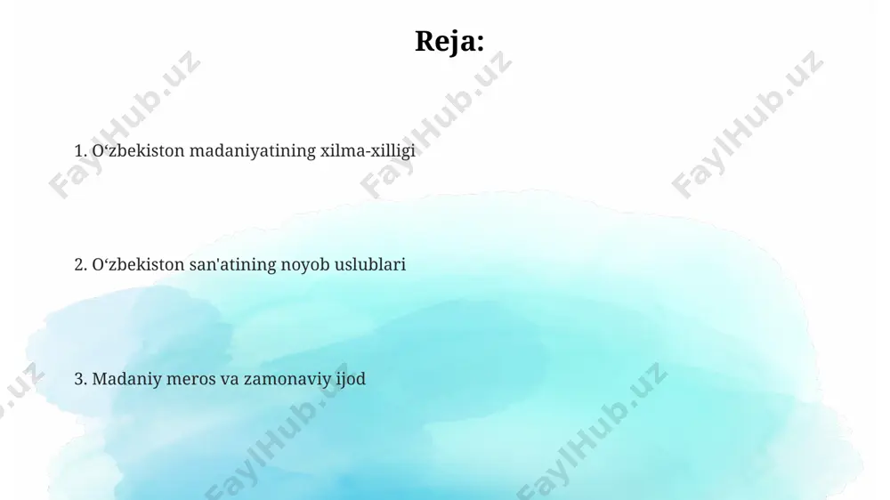 yincha ko'rsatiladi. xivadagi tarixiy obidalar xiva shahridagi itchan-qala qal’asi, 200 dan ortiq tarixiy yodgorliklarni o’z ichiga olgan holda, unesconing jahon merosi ro’yxatiga kiritilgan bo’lib, 16-asrga oid me’moriy uslublar bilan ajralib turadi. xiva shahridagi pahlavon mahmud maqbarasi, 14-asrda qurilgan bo’lib, movarounnahrning buyuk me’morchiligi namunasini va 8 burchak shaklidagi arqalar sistemasini aks ettiradi. xiva madaniy merosining muhim qismini tashkil etuvchi juma masjidi 4 minora va 218 ta ustunli, o’rta asrlar davridagi o’ziga xos me’morchiligi bilan mashhur. oʻzbekiston madaniyatining kelajagi yoshlar orasida raqamli sanʼat va texnologiyalarni qoʻllash orqali 2025-yilga kelib, samarqanddagi madaniy meros ob’ektlarini 3d modellashtirish loyihalarining soni 50 taga yetadi. xorazm viloyatida anʼanaviy hunarmandchilikni rivojlantirish dasturi doirasida 2024-yilga kelib, 1000 dan ortiq yosh hunarmandlarni kasb-hunarga oʻrgatish rejalashtirilgan. oʻzbekistonning 5 ta yirik shaharlarida 2030-yilgacha 10 dan ortiq zamonaviy sanʼat markazlari va muzeylarning ochilishi milliy madaniyatni rivojlantirishga xizmat qiladi. buxoro madaniy markazi sifatida бухородаги калон минорасининг 47 метрли баландлиги ва мураккаб геометрик нақшлари, шунингдек, …