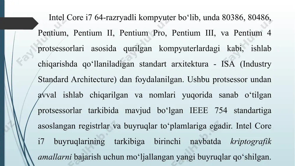 llar bajarilishi mumkin. keyingi ikkita konveyer yordamida esa suriluvchi nuqtali sonlar ustida amallar bajariladi. beshinchi koveyer yuklash/saqlash amallarini va oltinchi konveyer esa kelayotgan buyruqlarni qanday buyruqlar ekanligini aniqlab berish amallari bajarish uchun ishlatiladi. ultrasparc iii protsessorida unumdorlikni oshirish imkonini beruvchi o‘ziga xos - keshlash texnologiyasi ham amalga oshirilgan. bu erda shuni ta’kidlab o‘tish kerak bo‘ladi - pentium 4 protsessori ham o‘zining ustun tamonlariga egadir. turli xil maqsadlar uchun mo‘ljallangan turli xil protsessorlarni, taktli chastotalari asosida solishtirish – ularda bajariladigan ma’lum bir masalalarni echish qanday yo‘lga qo‘yilganligi haqida aniq natijalarni bermaydi. ultrasparc iii protsessori ikkita blokka joylashtirilgan birinchi sath kesh xotirasiga ega. bu kesh xotira buyruqlar uchun mo‘ljallangan 32 kbaytli va ma’lumotlar uchun mo‘ljallangan 64 kbaytli bloklardan tashkil topgan. ushbu protsessorda, har biri 2 kbayt hajmga ega bo‘lgan – avvaldan tanlash va yozib qo‘yish kesh xotiralari ham bor. yozib qo‘yish kesh xotirasi birinchi sath kesh xotirasidagi ma’lumotlarni, katta-katta xajmdagi bloklar ko‘rinishida …
