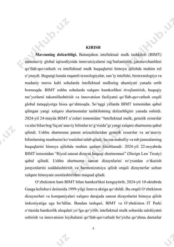 arini tahlil qilish. · bimt va o‘zbekiston o‘rtasidagi hamkorlikni o‘rganish. · so‘nggi islohotlar va tashabbuslarning mazmunini ochib berish. · intellektual mulkning global ahamiyatini yoritish. kurs ishining predmeti. butunjahon intellektual mulk tashkilotining (bimt) xalqaro miqyosdagi faoliyati va uning intellektual mulk sohasidagi huquqiy munosabatlardagi o‘rni. kurs ishining obyekti. xalqaro intellektual mulk tizimi va unda butunjahon intellektual mulk tashkilotining (bimt) tutgan o‘rni. kurs ishining tuzilishi: kirish, 2 ta bob, umumiy xulosa va foydalanilgan adabiyotlar ro‘yxatidan iborat. i-bob. bimtning tashkil topishi va asosiy maqsadlari 1.1. bimtning tashkil topish tarixi va huquqiy asoslari butunjahon intellektual mulk tashkiloti (bimt)ning tashkil topishi intellektual mulkni xalqaro miqyosda himoya qilishga bo‘lgan ehtiyojdan kelib chiqqan. ushbu tashkilotning ildizlari 19-asr oxiriga borib taqaladi. intellektual mulkni xalqaro miqyosda himoya qilish zarurati 19-asr oxirida sezila boshladi. bu ehtiyoj sanoat inqilobi, texnologik taraqqiyot va madaniy almashinuvning kuchayishi bilan bog‘liq edi. natijada, ikki muhim xalqaro konvensiya — parij va bern konvensiyalari — qabul qilindi. parij …