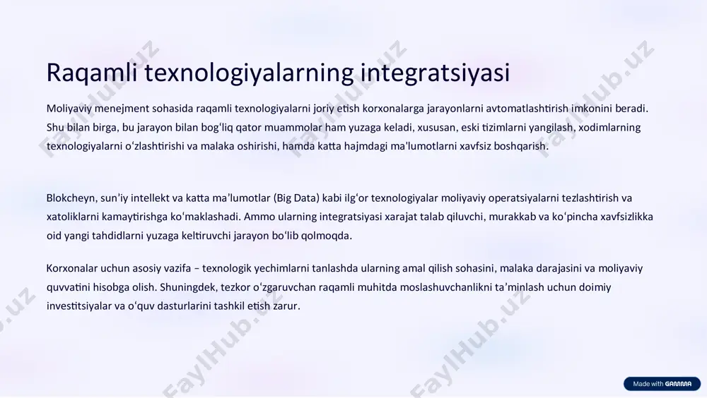 zilishi muhim ahamiyat kasb etmoqda. investitsiyalarni boshqarish strategiyalari korxonalarda moliyaviy barqarorlikni ta’minlash uchun investitsiyalarni samarali boshqarish muhim o‘rin tutadi. bugungi kunda diversifikatsiya, rentabellik va xavfni baholash investitsion strategiyalarda asosiy omillar hisoblanadi. korxonalar kapitalni yangi loyihalarga, innovatsiyalarga yoki mavjud biznesni kengaytirishga sarflashda ehtiyotkorlik bilan harakat qilishlari kerak. strategiyalarni shakllantirish jarayonida investitsiya portfelining tarkibi va foyda olish muddati tahlil qilinadi. shuningdek, davlat siyosatlari, qonunchilik normalari va bozor sharoitlari investitsiya qarorlariga ta’sir ko‘rsatadi. korxonalar uchun moliyaviy nazorat va monitoring tizimlarini takomillashtirish muhimdir. shuningdek, investitsiyalarni boshqarishda malakali jamoa tuzish, zamonaviy analitik vositalardan foydalanish va real vaqt rejimida axborot olish imkoniyatlarini kengaytirish lozim. bu esa investitsiya samaradorligini oshirishga ko‘mak beradi. risklarni baholash va mitigatsiya moliyaviy menejmentda risklarni to‘g‘ri baholash va ularni kamaytirish mexanizmlari korxonaning moliyaviy xavfsizligi va barqarorligini ta’minlashda hal qiluvchi ahamiyatga ega. risklarni aniqlash, tahlil qilish va kuzatish jarayoni ko‘plab sohalarni o‘z ichiga oladi – bozor, kredit, likvidlik, operatsion va strategik risklar. korxonalarda risklarni …