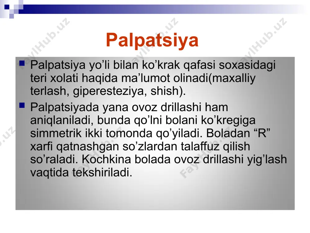 ishi kerak. bolalarga qoidasi bo’yicha qattiq bo’lmagan perkussiya qo’llaniladi. zarbalar qo’vurg’a aro,yoki qovurg’alariga beriladi. bevosita perkussiyaa o’ng qo’lni o’rta barmog’ida bukilgan xolda amalga oshiriladi. hamma a’zolar uchun umumiy perkussiya qilish qoidasi - perkussiya qaniq tovush to’mtoq tovushga qarab o’tkaziladi. o’pka chegaralari o’zgarishi sababi o’pkaning yuqori chegaraasini kamayishi obturatsion atelektaz o’pka cho’qqisini pnevmosklerozi yuqori va pastki chegaralarini kattalashishi o’pka emfizemasi astmatik status o’pka chegaralari o’zgarishi sababi yuqori chegarasini kattalashishi kompression atelektaz pastki chegarasini kamayishi plevral bo’shliqda suyuqlik yoki havoni bo’lishi diafragmani yuqori turishi korani simptomi 7-8-ko’krak umurtqalarini bigizsimon o’simtasidan pastdan tepaga qaraab perkussiya qilinadi. normada ovozni bo’giqlashuvi kichik bolalarda 2-ko’krak umurtqasida, katta yoshdagi bolalarda 4 ko’krak umurtqasida kuzatiladi. bu holatda korani simptomi manfiy xisoblanadi. filosof kosalari simptomi birinchi va ikkinchi qovurg’alar aro soxadan kuchli perkussiya to’shga qarab olib boriladi. normada bo’giqlashuv to’shda yuzaga keladi, bu holatda simptom manfiy. agar bo’g’iqlashuv oldinroq bo’lsa musbat. arkavin simptomi oldingi qo’ltiq osti liniyasidan pastdan tepaga …