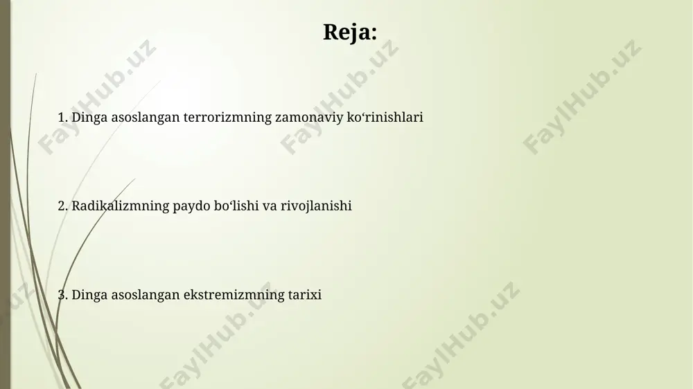 tgan salib yurishlari, diniy ekstremizmning keng miqyosdagi namoyishi bo'lib, minglab odamlarning halok bo'lishiga sabab bo'lgan. o'rta asrlar davrida diniy ta'qiblar natijasida kamida 50 000 kishi inkvizitsiya tomonidan ta'qib qilingan va o'ldirilgan, bu diniy bag'rozlikning dahshatli misolidir. zamonaviy fanatizmning ko'tarilishi dinning siyosiylashuvi va milliy identifikatsiya bilan bog'liqligiga urg'u berish orqali, 20-asr oxiridan boshlab 50 dan ortiq terrorchilik tashkilotlari paydo bo'ldi. iqtisodiy tengsizlik va siyosiy zulm kabi omillar global miqyosda 1 milliarddan ortiq insonni ekstremistik g'oyalarga moyil qilib qo'ymoqda. dini fanatizmning qadimgi ildizlari islomning dastlabki davrlarida, 7-asrda, xalifalikning kengayishi davrida ba'zi musulmon guruhlari diniy ishonchlarini zo'ravonlik orqali yoyishga harakat qilishgan, bu esa minglab odamlarning halok bo'lishiga olib kelgan. erta xristianlik davrida, taxminan 1-4-asrlar oralig'ida, ba'zi guruh asabiylik va ta'qiblarga javoban zo'ravonlik va shafqatsizlikka murojaat qilgan. e'tiboringiz uchun rahmat @taqdimot_robot image1.jpg image2.jpg image3.jpg image4.jpg image5.jpg image6.jpg image7.jpg
