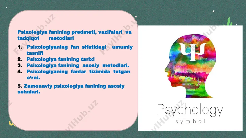 diqqat nutq faoliyat shaxsning individual psixologik xususiyatlari temperament xarakter qobiliyat 01 psixologiya – tabiiy va ijtimoiy fan sifatida voqelikning alohida sohasi bo’lgan psixika hayot sohasini o’rganadi. psixika miyaning xususiyati bo’lib , bu xususiyat tevarak –atrofdagi olamni aks ettirishdan iborat, ya’ni obyektiv ravishda mavjud narsalar va hodisalarni aks ettiradi. psixika bu – yuksak darajada tashkil topgan miyaning xossasidir. hayvon va odamlarga xos bo’lgan asab tizimi yuksak darajada tashkil topgan “materiya”dir psixikaning bevosita moddiy asosi odamning bosh miyasidir. odam psixikasi ,ongi bosh miya funsiyasidir. hozirgi zamon psixologiyasining vazifalari hozirgi zamon psixologiyasing oldida mustaqilligimizni mustahkamlash bilan bog’liq ulkan va mas’uliyati vazifalar turadi. psixologiyani jiddiy o’rganishga har bir kishi o’zini ham kuchli, ham zaif tomonlarini, o’z imkoniyatlarini , o’zining ijobiy sifatlarini yanada yaxshilash, nuqsonlarini yo’qota olishi kabi vazifalarni o’z oldiga qo’ya bilmog’i lozim. bu esa psixologiya fanini o’rganishning inson uchun qay darajada muhimligini ko’rsatadi. psixologiya fani oldida ham amaliy, ham nazariy vazifalar turadi. psixologiya …