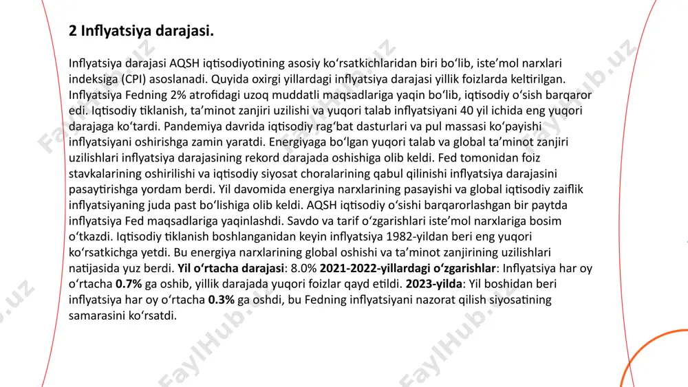 allaydi. 2022-yilda energetika sektori: +59% ga o‘sdi (neft va gaz narxlarining oshishi tufayli). banklar va sug‘urta kompaniyalari o‘sishda davom etmoqda, garchi foiz stavkalarining oshishi qisqa muddatli ta’sir ko‘rsatgan bo‘lsa ham. 4 fond bozori. ... t.me/slaydai_bot aqsh iqtisodiyoti dunyodagi eng yirik iqtisodiyotlardan biri bo‘lib, yalpi ichki mahsulot (yim) global iqtisodiy faoliyatning muhim ko‘rsatkichidir. quyida oxirgi yillardagi aqshning yimiga oid sonlar va foizlardagi ma’lumotlar keltirilgan. 2021-yil: +5.9% (pandemiyadan keyingi tiklanish bosqichi). 2022-yil: +2.1% (inflyatsiya va foiz stavkalarining oshishi ta’siri). moliyaviy xizmatlar, sog‘liqni saqlash, ta’lim va texnologiya asosiy drayverlar hisoblanadi. elektr transport vositalari, qurol-yarog‘ ishlab chiqarish va mikrochiplar yetakchi segmentlardir. federal zaxira tizimining inflyatsiyani jilovlash uchun foiz stavkalarini oshirishi iqtisodiy o‘sishga ma’lum darajada ta’sir ko‘rsatdi. sun’iy intellekt va raqamli texnologiyalar o‘sishni jadallashtiruvchi omillar sifatida ko‘rilmoqda. aqsh savdo balansidagi tanqislik (eksport-import farqi) yimning o‘sish sur’atlariga ta’sir qiladi. iste’molchilar xarajatlari yimning ~70% ini tashkil etadi. xarajatlar darajasi yuqori bo‘lib qolmoqda, ammo inflyatsiya va yuqori foiz …