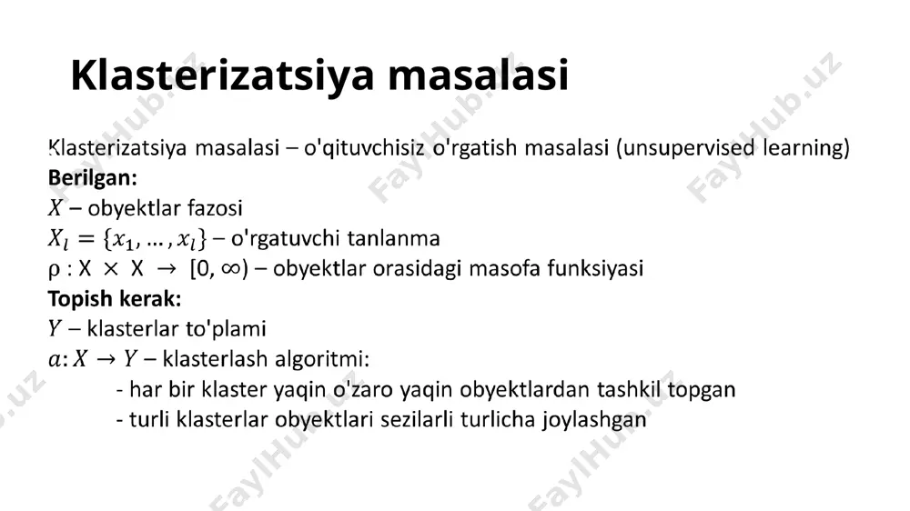 'xshashlik prinsipiga ko'ra shakllanmasligi mumkin, aksincha, obyektlarning oldindan ma'lum bo'lmagan xossalariga ko'ra shakllanishi mumkin klasterlar umuman mavjud bo'lmasligi mumkin. bunday holda klasterlash emas, berilganlarni tahlil qilishning boshqa usullarini qo'llash kerak har bir klasterlash algoritmi o'z cheklovlariga ega va ayrim turdagi klasterlarnigina ajrata oladi "klaster tuzilmaning turi" tushunchasi usulga bog'liq va formal aniqlanishiga ega emas normallashtirish klasterlash natijasi qiymatlarni normallashtirishga bog'liq ichma-ich klasterlar it algoritmlar algoritmlar va berilganlar strukturalari mashinali o'qitish usullari metrik fazoda klasterlash sifati obyektlar orasida juftliklar masofalari ma'lum bo'lsin. klaster ichidagi o'rtacha masofa: klasterlar aro o'rtacha masofa: funksionallar juftligining munosabati: chiziqli vektor fazoda klasterlash sifati obyektlar vektor ko'rinishida berilgan bo'lsin. klaster ichidagi o'rtachalar masofalari yig'indisi: – a klaster – a klasterning og'irlik markazi klasterlar aro o'rtacha masofa: funksionallar juftligining munosabati: k o'rtacha usuli (k-means) lloyd algoritmi (voronoi diagrammasi) k o'rtacha usuli (k-means) takrorlash: har bir xi ni yaqin markazga tayinlash: markazlarning yangi joylashuvini hisoblash: toki ai o'zgarmaguncha k …