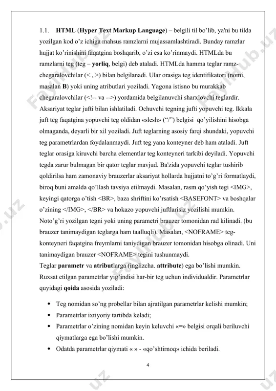 lar. zamonaviy htmlda til teglari va unda ko’rsatilgan qiymatlar bilan birga, boshlang’ich html-kodda stsenariy kodlari (java script yoki vb script) ham yoziladi. ular to’g’risida keyingi mavzularda batafsil so’z yuritamiz. keling, endi html – hujjat yozishni boshlashda ishlatiladigan teg to’g’risida so’z yuritsak. html - hujjatini yozishni boshlashda ishlatiladigan birinchi teg bu tegidir. u har doim hujjat yozuvining boshida bo’lishi lozim. yakunlovchi teg esa shakliga ega bo’lishi kerak. bu teglar, ular orasida joylashgan yozuvning hammasi butun bir html-hujjatini anglatishi bildiradi. aslida esa hujjat oddiy matnli ascii-faylidir. bu teglarsiz brauzer hujjati formatini aniqlab, tarjima qila olmaydi. ko’pincha bu teg parametrga ega emas. html 4.0 versiyasiga qadar version parametri mavjud edi. html 4.0 da esa version o’rniga parametri paydo bo’ldi. yodga olishimiz lozim, 1997 yil iyun oyida html–standartining 4.0 versiyasi e'lon qilindi va 1997 yil dekabrida rasmiy standartga aylandi. bugun bu qabul qilingan (yuqorida aytib o’tganimizdek) standartlarning eng oxirgisidir. umuman, html hujjat standart hisoblanishi …