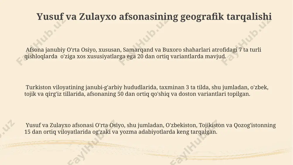 blar bilan toʻlib-toshganligi, 7 bobli "layli va majnun"da 200 dan ortiq baytlar bilan tasvirlangan. navoiyning "layli va majnun" va "farhod va shirin" asarlaridagi qahramonlarning muhabbatlari yusuf va zulayxo hikoyasidagi kabi ilohiy qudratga bogʻliq boʻlib, 15-asr samarqand adabiyotida misli koʻrilmagan balandlikka koʻtarilgan. navoiyning "farhod va shirin" asarida, tosh oʻyish san'ati orqali farhodning chuqur muhabbati 2 asrdan koʻproq vaqt oʻtgach ham hozirgi o'zbekiston hududida yana bir bor badiiy obraz sifatida aks ettirilgan. yusuf va zulayxo afsonasining badiiy xususiyatlari afsona samarqand va buxoro shaharlarida xalq orasida turli xil 70 dan ortiq qo‘shiq va doston shaklida tarqalgan bo‘lib, ularning badiiy xususiyatlari badiiy tafsilotlarning soni va hikoya qilish uslubining o‘ziga xosligi bilan ajralib turadi. yusuf va zulayxo obrazlari xalq og‘zaki ijodida ko‘pincha allegorik maʼnoda, 30 dan ziyod ramziy belgilar va metaforalar orqali ifodalanadi, bu esa asarning badiiy ifoda vositalarini boyitadi. yusuf va zulayxo afsonasida, 12 ta bobdan iborat bo‘lgan navoiyning "xamsa"sida tasvirlangan voqealar, xalq og‘zaki …