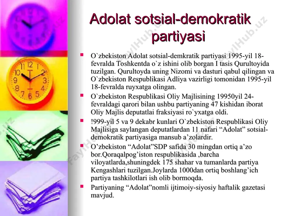 toyda uning nizomi va dasturi qabul qilinib,adliya vazirligi tomonidan 2003-yil 3-dekabrda ro’yxatga olindi. partiyaning “xxi asr” nomli ijtimoiy-siyosiy gazetasi mavjud. * e`tiboringiz uchun rahmat *