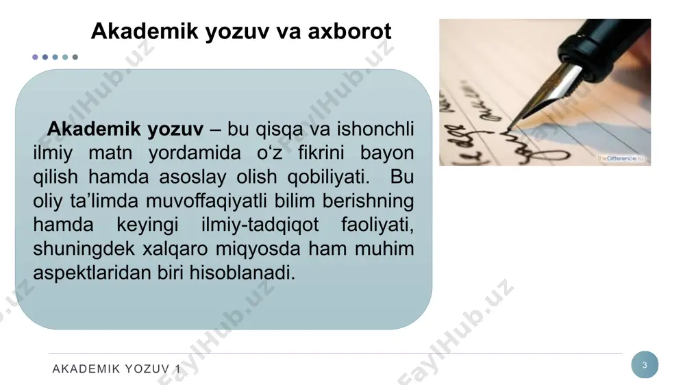 ushbu mutaxassislar uchun ma’lumot bo‘ladi. akademik yozuv 1 13 informatika atamasi 1960- yillarda fransuz olimlari tomo- nidan kiritilgan. informatika atamasi lotincha informatik so‘zidan kelib chiqqan bo‘lib, tushuntirish, xabar qilish, bayon etish ma’nosini anglatadi. informatika informatika kompyuter texnikasining rivojlanishi tufayli yuzaga keldi, unga asoslanadi, usiz mavjud bo‘la olmaydi va o‘z navbatida uning rivojiga, yangilani shiga o‘z hissasini qo‘shadi. akademik yozuv 1 14 informatika – axborot texnologiyalari vositalari yordamida axborotni taqdim etish, qabul qilish, saqlash, unga ishlov berish, uzatish usullarini, ya’ni axboriy jarayonlarni va axborot texnologiyalari vositalarining faoliyat ko‘rsatish tamoyil- larini, ularni boshqarish usullarini sistemali ravishda o‘rganuvchi fandir. akademik yozuv 1 15 informatikada analog (uzluksiz) va raqamli (diskret) axborotlar ishlatiladi. inson sezgi a’zolari analog (uzluksiz) axborot bilan ish ko‘rishga moslashgan bo‘lsa, hisoblash texnikasi esa raqamli (diskret) axborot bilan ishlaydi. akademik yozuv 1 foydalanilgan adabiyotlar 16 1. n. jiyanova, o. mo‘ydinova. nutq madaniyati. – t.: “ilm ziyo zakovat”, 2019. 221 b. 2. xolmonova …
