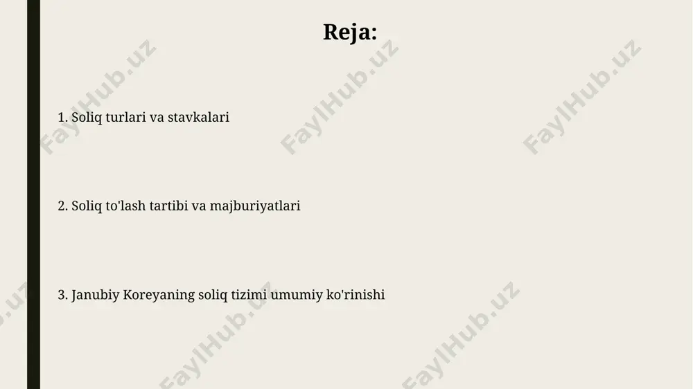 ni joriy etishga rag'batlantiradi. korporativ daromad solig'i stavkasi 25% ni tashkil etadi, ammo kichik va o'rta biznes uchun imtiyozli stavkalar mavjud bo'lib, ular daromad miqdoriga va biznes turiga bog'liq. xalqaro soliq kelishuvlari janubiy koreya 80 dan ortiq davlat bilan ikki tomonlama soliqqa tortishdan qochish toʻgʻrisidagi shartnomalar imzolagan boʻlib, bu xalqaro investitsiyalarni jalb qilishda muhim rol oʻynaydi. ushbu shartnomalar orqali ikki mamlakat fuqarolari va korxonalari ikki tomonlama soliqqa tortilishdan himoyalanadi va soliq stavkalari boʻyicha imtiyozlarga ega boʻlishlari mumkin, masalan, dividendlar yoki foyda soligʻi boʻyicha. soliq nazorati va audit kichik va o'rta biznes sub'ektlariga nisbatan soliq tekshiruvlari kamida 3 yilda bir marta o'tkaziladi, lekin yuqori darajadagi xavf guruhlariga mansub bo'lganlar tez-tez tekshiruvdan o'tishlari mumkin. soliq to'lovchilarning o'z-o'zini nazorat qilish tizimi samaradorligini oshirish maqsadida, 2023 yildan boshlab elektron hisobotlarni topshirish tizimi takomillashtirildi va bu jarayon avtomatlashtirildi. soliq hisobotlari va to'lovlar qo'shilgan qiymat solig'i (qo'shilgan qiymat solig'i) stavkalari mahsulot va xizmatlar turlariga qarab farq …
