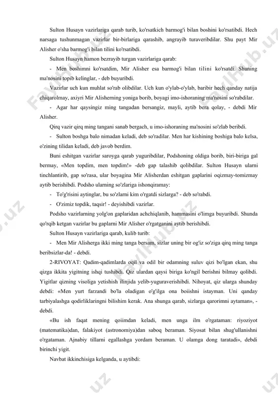 , uni yutib yuborish yoki raqibga «yumshoq hadis» bilan javob qilish uchun esa kishidan katta aql talab etiladi. xalqimiz deydi: so'zlovchi nodon bo'lsa, tinglovchi dono boiishi kerak; kim mard - o'zini-o'zi yenga olgan mard! bu ilmlarni, bunday axloqni biz sohibqiron amir temurdan, zahiriddin muhammad boburdan o'rganaylik. mirzo abdulqodir bedilda shunday ajoyib satrlar bor: har ko'zki, agar olmasa ibrat, ko'rdir, har luqma, agar bermasa lazzat, sho'rdir. har tun, agar o'zgarmasa, to'nmas, u kafan. har xonaki, birdek turaversa, go'rdir. achchiqni achchiq kesadi, deydilar. lekin hamma vaqt ham shunday bo'lavermaydi. achchiq achchiqni... chaqiradi. achchiqqa qarshi achchiq qo'llasangiz, hammayoq battar taxirlashib ketadi. hadisi sharifda aytiladi: «agar birov sizni sizda yo'q ayblar bilan ayblasa, siz uni unda bor ayblar bilan ayblamang». zero, i.a.karimov ta'kidlaganlaridek, «g'oyaga qarshi faqat g'oya, fikrga qarshi fikr, jaholatga qarshi faqat ma'rifat bilan kurashish zarur». yuqoridagi fikrlardan ko'rinib turibdiki, so'zning ta'siri benihoya katta. bu o'rinda quyidagi rivoyatlarni keltirish mumkin. 1-rivoyat: kunlardan bir …