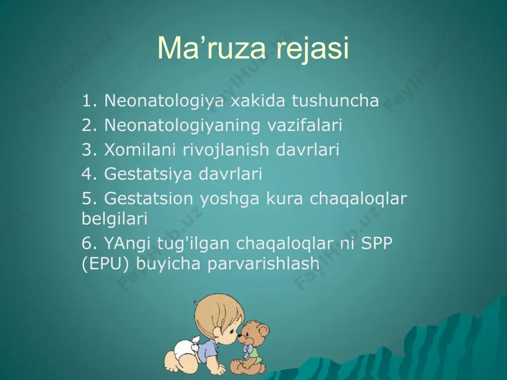 a jaroxatlanishi infeksiya reanimatsion stol reanimatsion stol yangi tug'ilgan chaqaloqni gipotermiyasini oldini olgan xolda, optimal sharoitda parvarishlashni, ko’ruv o’tkazishni va kerakli davolash muolajalarni bajarish imkononi beradi ko’krak bilan ovkatlantirish foydalaniladigan adabiyotlar asosiy adabiyotlar 1. a.v.alimov. neonatologiya, toshkent, 2012. 2. n.p.shabalov. neonatologiya, sankt - peterburg, 2004. 3. osnovi uxoda za zdorovim i bolnim novorojdennim rebenkom. kamilov a.i., tashkent. 2007 4. reshenie problem novorojdennix. rukovodstvo dlya effektivnoy praktiki. voz 2005. kushimcha adabiyotlar 5. chaqaloqlar reanimatsiyasi. toshkent. 2014. 6.effektivnaya perinatalnaya pomosh i uxod (epu) 7. kukrak suti bilan boqish. d.i.maxmudova, m.n.axmedov, a.l.tolipova va boshq. toshkent, m.meditsina ,2003 8. vnutriutrobnie infeksii u novorojdennix.z.j.raxmankulova, z.s.kamalov, t.u.aripova tashkent ,2016 9. neonatologiya natsionalnoe rukovodstvo, n.n.volodin, e.n.baybarin, g.n.buslaeva, d.n.degtyarev. 2008.moskva 10. rukovodstvo uchastkovogo pediatra t.g.avdeeva, 2008, moskva 11 teplovaya zashita novorojdennogo.prakticheskoe rukovodstvo (bezopasnoe materinstvo), yunisef. tashkent,2009 12. neonatologiya . prakticheskie rekomendatsii r.rooz, o.gensel-borovicheni, g.prokitte.moskva. meditsinskaya literatura, 2011g. 13. normativnie dokumenti: prikazi № 500,80,81,88,378,600, 226,176,74,480 internet saytlar 14.http://www.medicalstud.ru/med-ge 15.http://www.pharmamed.ru/rng …
