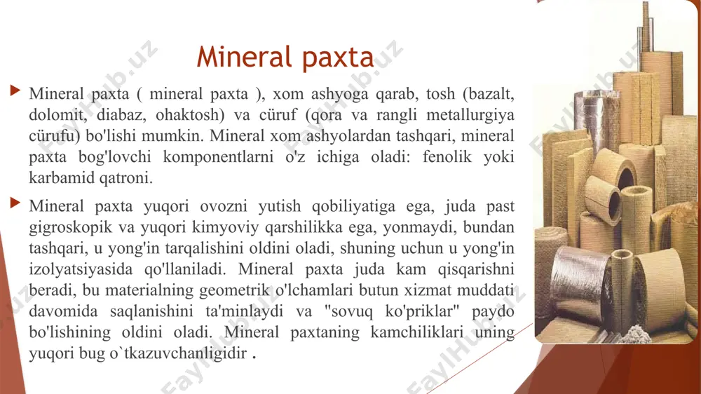 ko'pikli polietilen polietilenni butan- propan aralashmasi bilan ko'piklash orqali ishlab chiqariladi. u nozik gözenekli tuzilishga ega, elastik, silliq sirtga ega, bardoshli, biologik va kimyoviy jihatdan chidamli va ekologik toza. zamin qoplamalari ostidagi issiqlik izolatsiyasi uchun, ichki qoplamalarni izolyatsiyalash uchun, panellararo tikuvlarni, o'rnatish bo'shliqlarini, quvurlarni issiqlik izolatsiyasini, shuningdek, ovozni yutish tizimlarini yopish uchun ishlatiladi. poliuretan ko'piklari disosiyanid , emulsifikatorlar va katalizatorlarni o'z ichiga olgan kimyoviy reaktsiya natijasida olinadi . issiqlik va gidroizolyatsion xususiyatlarga qo'shimcha ravishda , poliuretan ko'pik yuqori akustik izolyatsiyalash qobiliyatiga va kimyoviy qarshilikka ega. ular "sovuq ko'priklar" paydo bo'lishining oldini olgan holda, har qanday murakkablikdagi tuzilmalarni gidroizolyatsiya va izolyatsiya qilish imkonini beruvchi arralangan issiqlik izolatsiyasi uchun ishlatiladi. mipora mo'rtlikni kamaytirish uchun glitserin qo'shilgan karbamid -formaldegid smolasining suvli emulsiyasini ko'piklash orqali olingan qattiq ko'pik . ushbu material shuningdek, neft sulfonik kislotalarini (ko'pikli vosita sifatida) va organik kislotalarni (katalizator sifatida) o'z ichiga oladi. mipore bloklar, plitalar yoki maydalangan holda etkazib berilishi …