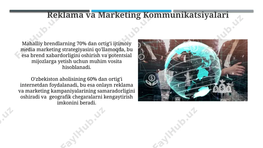 h jahon bozoriga kirishda raqobatbardoshlikni ta'minlash uchun 15 ta asosiy raqibni tahlil qilish va ularning bozor ulushiga nisbatan 10% ga o'sish strategiyasini ishlab chiqish muhim ahamiyatga ega. jahon bozoriga kirish strategiyasi sifatida 50 dan ortiq mamlakatda mahsulotlarni sinovdan o'tkazish va ularning 30 foizida muvaffaqiyatga erishish, keyinchalik global miqyosda kengaytirishni ta'minlaydi. natijalarni baholash global bozorlarda 10 ta asosiy mahsulotni sinovdan o'tkazish natijalariga ko'ra, 70% ga yaqin mahsulotlar mijozlarning madaniy xususiyatlarini hisobga olmaganda muvaffaqiyatsiz bo'ldi. raqamli marketing kampaniyalari samaradorligini baholashda, konversiya nisbati (cr) va cpa (har bir mijozga sarflangan xarajat) ko'rsatkichlarining o'rtacha 30% ga o'sishi kuzatildi. maqsadli bozorni aniqlash maqsadli bozorni aniqlashda 30% dan ortiq potentsial mijozlarni geografik joylashuvi, demografik ko'rsatkichlari va xarid qilish odatlari bo'yicha tahlil qilish muhim ahamiyatga ega. maqsadli bozor segmentiga kiradigan 5-10 ta asosiy raqobatchilarni chuqur tahlil qilish, ularning kuchli va kuchsiz tomonlarini aniqlash strategiyani shakllantirishda yordam beradi. e'tiboringiz uchun rahmat @taqdimot_robot image1.jpg image2.jpg image3.jpg image4.jpg image5.jpg image6.jpg …