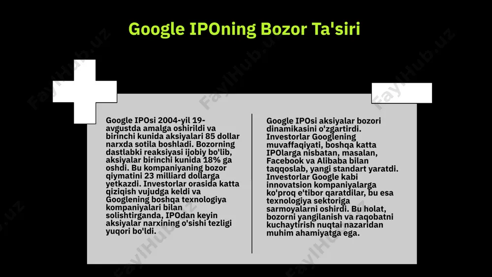 olib keldi va investorlar uchun yangi imkoniyatlar ochdi. bu jarayon, kelajakda boshqa kompaniyalar uchun ham namuna bo'lib xizmat qilishi mumkin. foydalanilgan adabiyotlar 1. rizayev, a. sh. google ipo tarixiy ahamiyati: o'zbekiston bozorida o'rganish. o'zbekiston milliy universiteti, 2022 2. saidov, b. boshlang'ich kapitali va o'zgaruvchan bozor: google ipo misolida. o'zbekiston iqtisodiyot jurnali, 2023 3. khamraev, a. google ipo va uning investorlar uchun strategiyalari. o'zbekiston moliya tahlili, 2021 4. yuldashev, m. boshlang'ich kapitali tushunchasi va google ipo: o'sish imkoniyatlari. o'zbekiston iqtisodiy tadqiqotlar, 2023 5. tashkent, z. google ipo: bozor ta'siri va investorlar strategiyalari. o'zbekiston biznes rejasi, 2023 e'tiboringiz uchun rahmat! image1.png image2.png image3.png image4.png image7.jpg image6.png