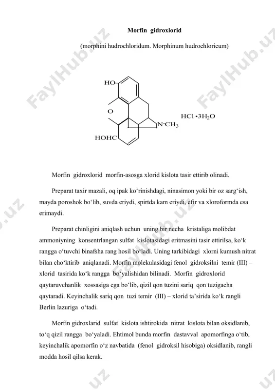 iruvchi modda sifatida morfin o‘rnini bosadigan sintetik usul bilan olingan bir qancha preparatlar keng qo‘llaniladi. promedol, izopromedol. fenadol, anadol va boshqa preparatlar shular jumlasidandir. morfin hosilalari morfinning yarim sintetik yo‘l bilan olinadigan hosilalariga kodein, dionin, geroin, apomorfin, digidrokodeinon, tekodin, dilaudid kabilar misol bo‘la oladi. bularni morfin molekulasidagi fenol va ikkilamchi spirt gidroksillarning vodorodi o‘rniga turli radikallar kiritish bilan olinadi. meditsinada morfin efirlaridan kodein, dionin va geroinlar dori sifatida ishlatiladi. morfin efirlari fiziologik tasiri jihatidan morfindan tubdan farq qiladi va yo‘tal payda qiladigan markaziy nervlarni tinchlantirish xossasiga ega. kodin (codeinum) кodeinni 1832 yilda robike opiy tarkibidan ajratib olgan, formulasini esa 1842 yilda gerxardt aniqlanadi. opiydan ajratib olingan kodein meditsina ehtiyojlarini qoplay olmagani sababli uni 1928 yilda v.m.rodiono bilan d.a.shaposhnikovlar morfindan quyidagi sxema bo‘yicha sintez qilganlar. metiltoluolsulfoxlaridni ishqoriy sharoitda metil spirti bilan ishlansa, metiltoluolsulfonat hosil bo‘ladi. olingan metiltoluolsulfonatni keyinchalik dimetil anilin bilan qaynatilsa, metiltoluolsulfonatdimetilanilin hosil bo‘ladi 3.natriy etilat ishtirokida morfinga metiltoluolsulfonatdimetilanilin tasir …