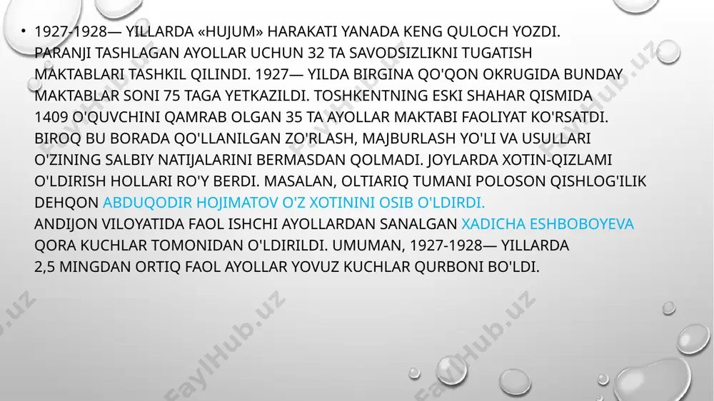 aktrisa nurxon yo‘ldoshxo‘jayevalar bo‘ldi. 1936-yilda adib komil yashin nurxonning hayotiga bag‘ishlangan “nurxon” pyesasini yozdi. bundan tashqari, paranji tashlagan ayollarning ma’lum qismi ota-onasi tomonidan oq qilindi. turmush qurganlarining ko‘pchiligini eri taloq qildi. yaqin qarindoshlar, mahalla ahli yuz o‘girdi. eng qizig‘i, aksariyat hollarda paranji tashlagan ayollardan paranjisini tashlashni xohlamagan ayollar yuz o‘girgan. paranji tashlashni xohlamagan ayollar nazdida ham, boshqalar nazdida ham paranjisidan voz kechib, yuz-qo‘lini ochgan ayollar or-nomusidan voz kechganlar sifatida baholangan. paranjiga qarshi “hujum” harakati boshlangan kezlarda kommunistlar iloji boricha aholi orasida taniqli bo‘lgan ayollardan foydalandi. masalan, qirg‘izistonda chingiz aytmatovning onasi naima aytmatovaning xizmatidan foydalanishgan; bu ayol o‘sha paytda turli yuqori lavozimlarda ishlash bilan birga qirg‘izistonda paranji tashlash tadbirlarining faol targ‘ibotchisi bo‘lgan. o‘zbekiston va tojikistonda esa tojixon shodiyeva degan ayol paranji tashlash tadbirlarining faol targ‘ibotchisi bo‘ldi. naima aytmatova “hujum” harakati o‘rta osiyo respublikalarining har birida keng olib borilib, ayollarni kechki maktablarga, savodxonlik kurslari va hunar o‘rgatish to‘garaklariga, ishlab chiqarish artellariga jalb …