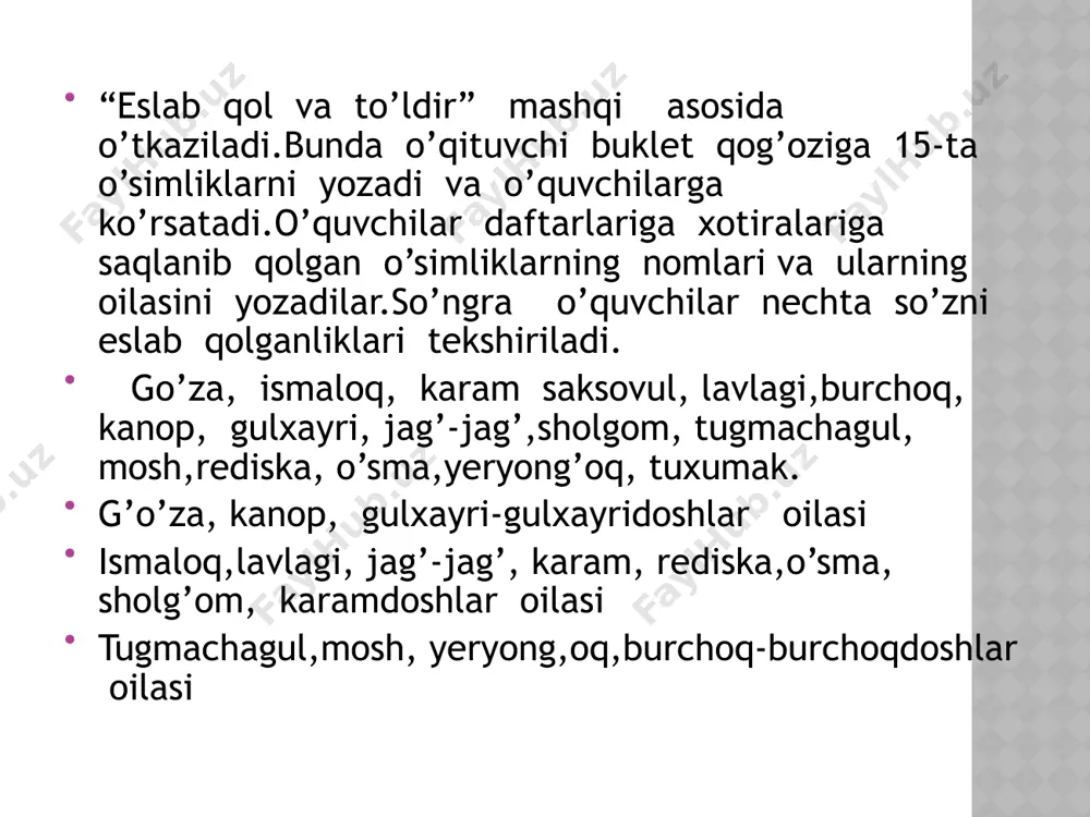 yoli javob: qora ituzum bir yillik o’t,bo’yi 25-50 sm.poya sershox. barglari oddiy, uzunchoq tuxumsimon.gullari oqish.mevalari “s” darmondorilarga boy. mingdevona bir yillik o’t.barglari o’yilgan,gullari pushti rangda.poyasi tik o’suvchi dorivor va zaharli o’simlik. oloy xiyoli qizil kitobga kiritilgan. bo’yi 50sm.poyasi tik yoyiq, siyrakbarglari uzun bandli, keng tuxumsimon.gultoji qo’ng’iroqsimon. 3.sonlarni harflar bilan almashtiring. o’qituvchi uchun:bunda har bir o’simlik harflariga “alfavit”da nechinchi raqamda turganligiga qarab topiladi.3ta guruhga ham bir xil raqamli 4ta o’simliklar beriladi va shulardan bittasi shu oilaga tegishli emas. o’quvchi uchun: 6 1 17 12 3 14 17 8 10 1 17 19 14 27 10 1 2 1 16 11 1 9 14 13 2 20 17 28 14 16 javob: 1)garmdori 2)kartoshka 3)baqlajon 4)burchoq burchoq o’simligi ortiqcha edi. 4.muammoli topshiriq: o’qituvci uchun:bunda o’qitivchi umumiy guruhga bitta savol beradi.savol shunday tuziladiki uning javobi kitobda bo’lmaydi.savol muammoli bo’lib ko’proq o’quvchini o’ylashga, fikrlashga undaydi. savol: o’quvchi uchun:nima uchun bangidevona o’simligi zaharli, lekin shu …