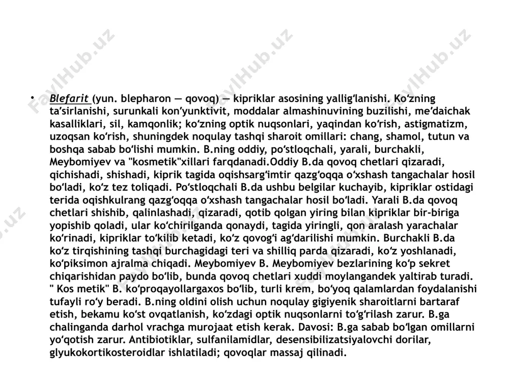 izometriya, biomikroskopiya, tonometriya, kompyuter refraktometriyasi va perimetriya o’tkaziladi. davolashning taktikasi «yog’li» churralarning lakrimal ochilishi va rezektsiyasining plastikasi bilan birgalikda yuqori blefaroplastikani bajarishdan iborat. ptoz blefaroxalazis image6.jpeg image7.jpeg image8.jpeg image9.jpeg image1.jpeg image2.jpeg image3.jpeg image4.jpeg image5.jpeg /docprops/thumbnail.jpeg