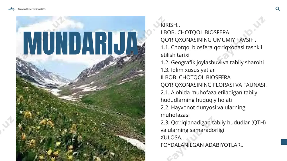 xilma-xildir: 44 turdagi sutemizuvchilar 230 dan ortiq turdagi qushlar 16 turdagi sudralib yuruvchilar 2 turdagi suvda va quruqlikda yashovchilar 3 mingdan ortiq turdagi umurtqasizlar chotqol qoʻriqxonasi florasi mintaqa uchun xos boʻlgan 1168 turdagi oʻsimliklarga ega. bu yerda qoʻriqxona uchun endem boʻlgan 6 tur oʻsadi. qoʻriqxona oʻsimliklarining 28 turi oʻzbekiston respublikasi qizil kitobiga kiritilgan. 1.2. geografik joylashuvi va tabiiy sharoiti ugom-chotqol davlat tabiat milliy bogʻi 1990-yilda toshkent viloyatida, gʻarbiy tyan-shanning togʻli tarmoqlarida 574,6 ming gektar maydonda tashkil etilgan. ushbu bogʻning asosiy maqsadi tabiatni muhofaza qilish va undan oqilona foydalanishga qaratilgan. tabiat bogʻlari alohida ekologik, madaniy va estetik ahamiyatga ega boʻlgan tabiat obyektlari va komplekslarini saqlash va ulardan foydalanish maqsadida tashkil etiladi. bogʻ oʻsimlik olamiga boy boʻlib, olimlar minglab turdagi oʻsimliklarni aniqlashgan. hozirda bogʻda 1,8 ming turdagi oʻsimlik dunyosi mavjud boʻlib, shundan 74 turi qizil kitobga kiritilgan. bir necha turi shunchalik kichik arealga egaki, bogʻdan boshqa dunyoning hech bir yerida uchramaydi (endemik …