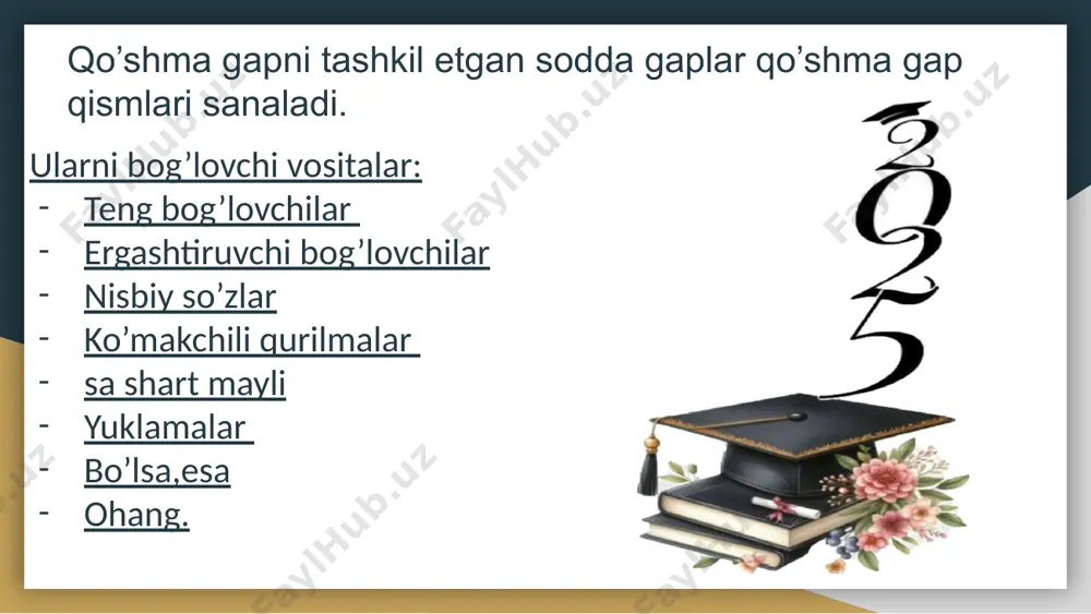 anadi.mazmun inkor tarzda anglashiladi.yozuvda takror qo’llangan inkor bog’lovchisidan oldin vergul qo’yiladi. misol: na yomg’ir yog’adi,na havo ochiladi. m.asqarova bog’langan qo’shma gap komponentlarining mustaqilligj nisbiy ekanligini ta’kidlaydi va bu haqida quyidagilarni yozadi:”qo’shma gap xususan,bog’langan qo’shma gap tarkibidagi komponentlar alohida -alohida ajratib qaralsa,ularning har biri mustaqil gapga tengday ko’rinadi ,lekin ular qo’shma gap tarkibida fikriy tugallikka to’liq mustaqilikka ega bo’lmaydi.shu jihatdan bunday komponentlarni mazmunan nisbiy mustaqillikka ega deyish to’g’iroqdir” ergash gap va bosh gaplar haqida ma’lumot qismlari ergashtiruvchi bog’lovchilar yoki bog’lovchi vazifasidagi so’zlar yordamida bog’langan qo’shma gaplar ergashgan qo’shma gaplar ergashgan qo’shma gaplar deyiladi . ergashgan qo’shma gaplar tarkibidagi nechta gap bo’lishidan qat’i nazar doimo ikkiga bo’linadi. 1.bosh gap 2.ergash gap mazmuni izohlanayotgan gap – bosh gap ,mazmun izohlayaotgan gap – ergash gap deyiladi.ergashgan qo’shma gaplar tuzilishiga ko’ra so’z birikmalariga o’xshaydi. so’z birikmasi tarkibidagi so’zlar nechta bo’lishidan qati’ nazar doimi ikki qism hokim va tobe so’zlardan iborat bo’ladi.ergash gap ham doimo bosh …