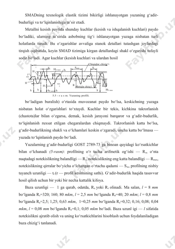 nda rz=40; 20 mkm; l = 0,8 mm bo‘lganda ra=2,5; 1,25; 0,63 mkm, 1=0,25 mm bo‘lganda ra=0,32; 0,16; 0,08; 0,04 mkm, l = 0,08 mm bo‘lganda ra=0,1; 0,05 mkm bo‘ladi. baza uzunl igi — l sifatida notekislikni ajratib olish va uning ko‘rsatkichlarini hisoblash uchun foydalaniladigan baza chizig‘i tanlanadi. quyida yuzalar g‘adir-budurligining kattaliklarini hisoblash ifodalari va ta’rifl ari keltiriladi. profilning o‘rtacha arifmetik og‘ishi ra — asos uzunligi miqyosida profilning mutlaq og‘ishiga tegishli o‘rtacha arifmetik qiymatdir: 1 l ra = ------- [y (x)]dxl ∫ 0 profil notekisligining balandligi rz — profilning asos uzunligi chegarasidagi beshta eng yuqori (hi max) va beshta eng pastki (hi max) nuqtalari og‘ishining o‘rtacha arifmetik qiymatidir: 5 5 rz = -------( [h1 σ i max] + [hς i max]) 5 i=1 i=1 notekislikning eng katta balandligi rmax — profilning asos uzunligi chegarasidagi yuqorigi va eng pastki nuqtalari oralig‘ini bildiradi. notekislikning o‘rtacha qadami sm — profil notekisligining asos uzunligi …