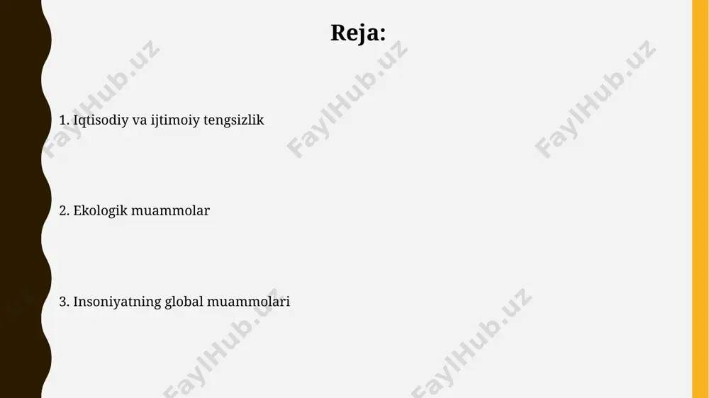 v resurslarining notekis taqsimlanishi tufayli, dunyoning ayrim hududlarida suv etishmovchiligi kuchayib, oziq-ovqat xavfsizligi va iqtisodiy taraqqiyotga salbiy ta'sir ko'rsatmoqda. jahon sog'liqni saqlash tashkilotining ma'lumotlariga ko'ra, ifloslangan suvdan kelib chiqadigan kasalliklardan yiliga 2 milliondan ortiq kishi hayotdan ko'z yumadi, bu ham suv taqchilligining jiddiy oqibatidir. ta'limga kirish imkoniyatlarining cheklanganligi ta'limga kirish imkoniyatlarining cheklanganligi jahon bo'yicha 258 million bola va o'smirni maktabga borishdan mahrum qilmoqda, bu esa kelajakdagi iqtisodiy o'sish va ijtimoiy taraqqiyotga jiddiy tahdid soladi. qiz bolalar ta'limga kirish imkoniyatlarining cheklanganligidan ko'proq aziyat chekmoqda; statistikaga ko'ra, 15 yoshdan kichik 130 million qiz bolaning maktabga borish imkoniyati yo'q, bu esa gender tengsizligini kuchaytiradi. global iqlim o'zgarishi jahon bo'yicha o'rtacha harorat 1880 yildan buyon 1 darajadan ortiq ko'tarilgan bo'lib, bu iqlim o'zgarishlarining aniq dalili hisoblanadi va kelgusi o'n yilliklarda 1,5 darajagacha ko'tarilishi prognoz qilinmoqda. dengiz sathining ko'tarilishi yiliga taxminan 3,6 millimetrni tashkil etadi, bu qirg'oq bo'yidagi shaharlar va pasttekislik hududlar uchun jiddiy tahdiddir. …