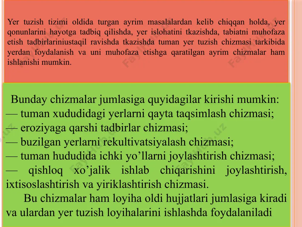 ishish bayonnomasiga imzo chekishadi. chegaralar chegara belgilari bilan, ular bir-birlaridan to'g'ridan qaraganda ko'rinadigan masofada (1—2 km) o'rnatilib, mustahkamlanadi. yer konturlari chegaralar bilan bo'linganda, chegara chizig'i bo'ylab yer haydalib, egat olinadi. chegara belgilari o'rnining aniqligi ularni geodeziya tarmog'i nuqtalariga bog'lash bilan ta’minlanadi, chegaralarini belgilashning texnik hujjatlari qo'shni tumanlar va viloyatlar ma’muriyatlariga taqdim etiladi va saqlash uchun loyiha tashkilotiga topshiriladi. yer egalariga va yerdan foydalanuvchiga ularning yerga bo'lgan huquqlarini aniqlovchi yangi hujjatlar beriladi. maxsus huquqiy tartibga ega yerlar hududlari chegaralarini belgilash, bunday hududlarni ajratishda, ularning chegaralariga aniqlik kiritishda yoki o'zgartirishda o'tkaziladi. ushbu hududlaning maxsus huquqiy tartibi (zarur hollarda ularning chegaralari ham) yerga egalik qilish va yerdan foydalanish huquqini beruvchi hujjatlarda aks ettiriladi. chegaralar joylarda chegara belgilari bilan ko'rsatiladi. korxona (tashkilot, muassasa) maqomiga ega tabiatni muhofaza qilish obyektlari boshqa toifalardagi yerlardan, yer egaliklari va yerdan foydalanishlardan xo'jaliklararo yer tuzish jarayonida ajratiladi. tabiatni muhofaza qilish va yerdan maxsus tartibda foydalanishning har xil mintaqalari yerdan …