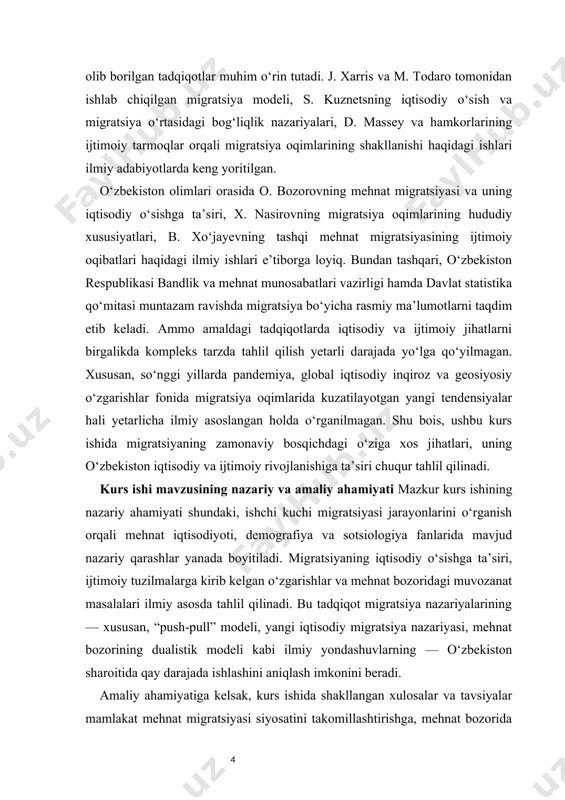 odiy hamda ijtimoiy rivojlanishiga ta’siri. kurs ishi mavzusining predmeti – ishchi kuchi migratsiyasining shakllanish sabablari, iqtisodiy va ijtimoiy oqibatlari, shuningdek, o‘zbekiston misolida migratsiya oqimlarini boshqarish mexanizmlari. kurs ishi mavzusining maqsadi – ishchi kuchi migratsiyasining iqtisodiy va ijtimoiy jihatlarini nazariy va amaliy jihatdan o‘rganish hamda o‘zbekiston sharoitida uning rivojlanish istiqbollarini aniqlash. kurs ishi mavzusining vazifalari · ishchi kuchi migratsiyasi tushunchasi, turlari va nazariy asoslarini o‘rganish. · migratsiya jarayonining tarixiy rivojlanish bosqichlarini tahlil qilish. · ishchi kuchi migratsiyasining asosiy sabab va omillarini aniqlash. · migratsiyaning iqtisodiy o‘sishga ta’sirini baholash. · migratsiyaning ijtimoiy muammolar va demografik jarayonlarga ta’sirini o‘rganish. · o‘zbekiston misolida migratsiya jarayonlari dinamikasini tahlil qilish. · ishchi kuchi migratsiyasini samarali boshqarish bo‘yicha taklif va tavsiyalar ishlab chiqish. kurs ishi mavzusining tuzilishi kurs ishi kirish, ikkita asosiy bob, har bir bobda uchta kichik bo‘lim, xulosa va foydalanilgan adabiyotlardan iborat. i bob. ishchi kuchi migratsiyasining nazariy asoslari 1.1. ishchi kuchi migratsiyasi tushunchasi va …