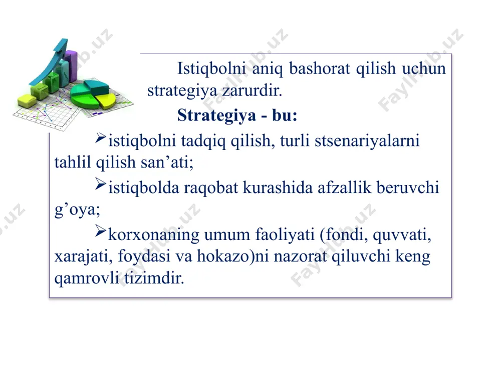 h tempi, ishsizlik darajasi, inflyatsiya, valyuta kurslari, qarzlar, xalqaro iqtisodiy aloqalar ijtimoiy omillar. bu omillar jamiyatning ehtiyojlari, qadriyatlari, istaklari va ijtimoiy tartib bilan bog‘liq. bularga: demografik o‘zgarishlar (yoshlar, qariylar va hokazo), kadrlar tayyorlash va ta’lim darajasi, ijtimoiy muhit va qadriyatlar, mahsulotlarga bo‘lgan istaklar va ehtiyojlar, shaxsiyat va gender tengligi texnologik omillar. bu kategoriyada yangi texnologiyalar, innovatsiyalar va texnik yangiliklar ko‘rib chiqiladi. bularga: yangi texnologiyalar va inovatsiyalar, avtomatizatsiya va raqamlashtirish, texnologik infratuzilma, internet va mobil texnologiyalar. strategik reja - bu korxona (firma)ga uzoq davrga berilgan topshiriqdir. bunday reja firma doirasidagi boshqa joriy, yillik rejalashtirish uchun boshlang’ich nuqta bo’lib xizmat qiladi. strategik rejaning asosiy shakllari besh, o’n yil va undan ko’proq muddatlarga mo’ljallangan rejalardir. strategik rejaning o’ta muhim va zarurligi quyidagilar bilan izohlanadi: korxonaning aniq maqsadini aniqlashga va shakllantirishga imkon beradi; korxonani tashqi muhitga moslashtirishga yordam beradi; samarali boshqarish tarkibi va tizimini yaratishga imkon beradi; ulkan korxonalar tarkibidagi barcha bo’g’inlarning faoliyatini muvofiqlantirishga …