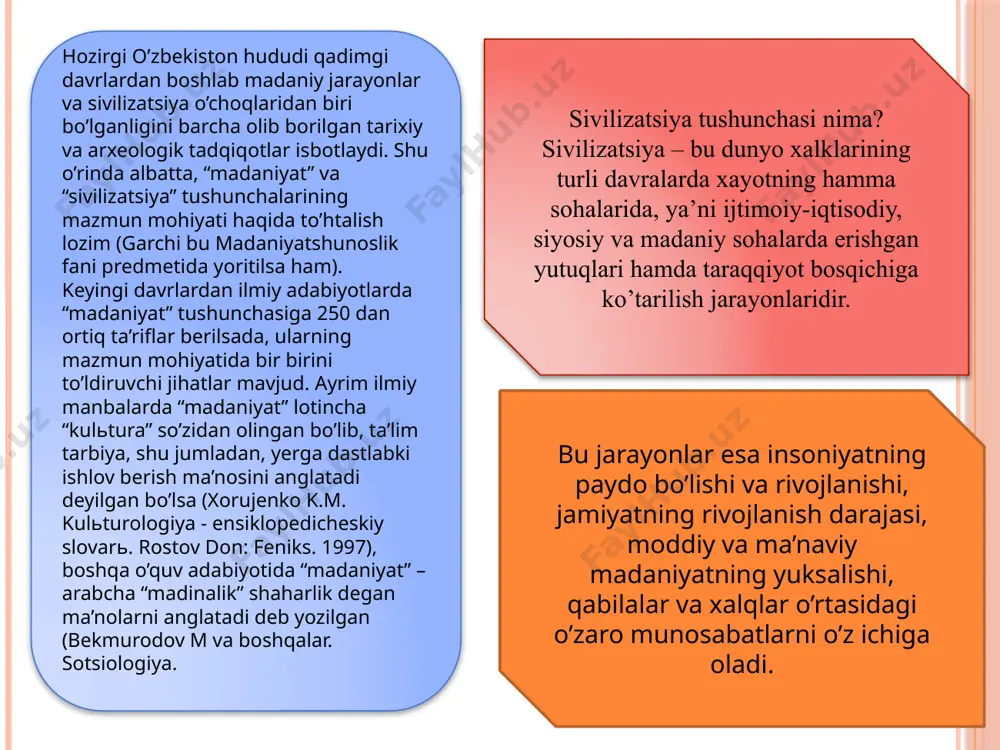 nlar. pitekantroplar miloddan 700–600 ming yillar, sinantroplar esa (xitoy odami) 600–500 ming yillar ilgari yashagan. ular ilk paleolit davri odamlari hisoblanadi. o’zbekiston hududidan eng qadimgi odamlar ilk paleolit davrida taxminan 700–500 ming yillar oldin paydo bo’lgan. bundan 3,5 – 4 ming yil avval kashf etilgan , xitoy ieroglifi dastlab shan in davrida mil.avv. 2 – ming yillikda kashf etilgan , shunda yozuvlarning turi 2 mingga yaqin bo`lgan. xan davrida ierogliflar soni 18 mingtaga etgan. hozirgacha qisman o`zgarishsiz saqlangan. dastlab xitoyliklar suyak , yog`och , cho`p , teri va bambuk daraxtidan tayyorlangan taxtachalarga yozishgan , v – asrdan boshlab ipak shoyi parchasiga yozganlar. bu odamlar xitoy odami, ya’ni sinantroplar mansub bo’lgan. shunday qilib, ibtidoiy jamoa tuzumi davri quiydagi davrlarga bo’linadi: paleolit – mezolit – neolit – eneolit – bronza. temir davri ibtidoiy jamoa tuzumi davriga kirmaydi, chunki bu davrda bizning hududimizda davlatlar paydo bo’lgan. umuman mavzuni o’rganishda davrlarning quyidagi muhim xususiyatlariga …