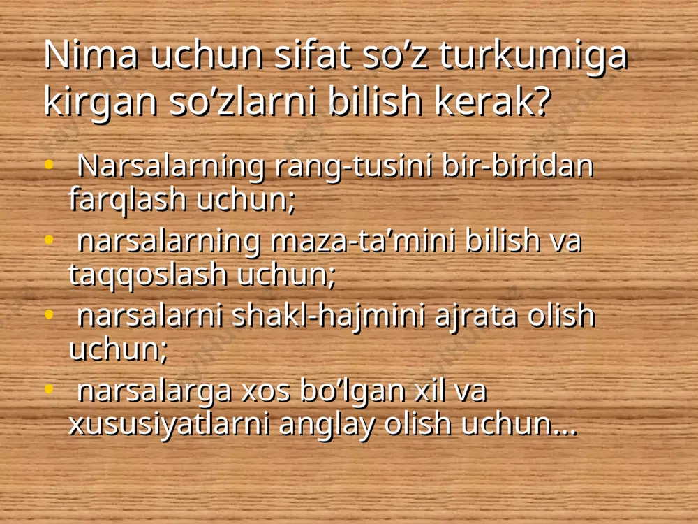 ik gulidan..... . maysazorda gulnora terdi...-..... lola. chopqilashib izma-iz yig’ishdi...... yalpiz, testlar 1. qushma sifatlarni aniqlang: a) xosiyatli, oqish; b) sheryurak, erksevar; c) yangi-yangi, lo’ppi-lo’ppi. 2. juft sifatlar qatorini toping: a) baland-past, katta-kichik; b) xushsurat, ko’m-ko’k; c) to’p-to’p, sap-sariq. 3. sifatning tuzilishiga ko’ra turlarini aniqlang: a) sodda sifat, qo’shma sifat, juft sifat, takroriy sifat; b) oddiy sifat, qiyosiy sifat, orttirma sifat; c) ozaytirma sifat, takroriy sifat, jift sifat. 4. “sheryurak” so’zi tuzilishiga ko’ra qanday sifat bo’ladi? a) rang-tus bildiruvchi sifat; b) qiyosiy darajadagi sifat; c) qushma sifat. 5. sifat darajasini belgilang: a) xilma-xil – takroriy sifat; b) juda kichkina – orttirma sifat; c) rosa balandda – qiyosiy daraja. 6. sifatga mansub bo’lmagan so’zlar qatorini aniqlang: a) qizg’in, sershovqin, mohir; b) sermhsul, hozirjavob, sarishta; c) aql, odob, ulkan. 7. quydagi gaplardan sifatlarni ajrating: soch-soqoli oppoq, yuzidan allomalik nuri balqib turgan xushro’y bu inson bir qarashda qattiqqo’l, siyosatli odamga o’xshab ko’rinadi. a) …