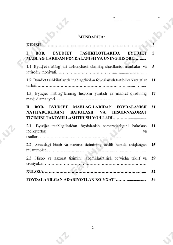 byudjet tashkilotlari faoliyati samaradorligini ta'minlash, ularga ajratilgan moliyaviy resurslardan oqilona foydalanish va xarajatlarning natijadorligini oshirish bugungi islohotlar sharoitida alohida ahamiyat kasb etmoqda. byudjet mablag‘lari – davlat moliyasining markaziy elementi bo‘lib, ularning oqilona sarflanishi iqtisodiy o‘sish va ijtimoiy soha rivojining kafolati hisoblanadi. ammo amaldagi hisob va nazorat tizimi ko‘plab kamchiliklarga ega bo‘lib, byudjet tashkilotlarida resurslardan foydalanishda ayrim holatlarda samarasizlik va shaffoflikning yetishmasligi kabi muammolar kuzatilmoqda. kurs ishining dolzarbligi - bozor iqtisodiyoti sharoitida davlat moliyasining barqarorligi va samaradorligi mamlakat taraqqiyotining eng muhim omillaridan biri hisoblanadi. o‘zbekiston respublikasida amalga oshirilayotgan moliyaviy islohotlar davlat byudjetini shakllantirish, boshqarish va sarflash jarayonlarini takomillashtirishga qaratilgan bo‘lib, ayniqsa byudjet tashkilotlariga ajratilayotgan mablag‘lardan oqilona va samarali foydalanish masalasi ustuvor ahamiyat kasb etmoqda. so‘nggi yillarda respublikamizda byudjet xarajatlarini maqbullashtirish, ularning natijadorligini oshirish, shaffoflik va hisobdorlikni kuchaytirish yo‘nalishida keng qamrovli islohotlar olib borilmoqda. shu bilan birga, byudjet mablag‘lari har yili millionlab so‘mlarni tashkil etib, ijtimoiy sohalar, ta’lim, sog‘liqni saqlash, infratuzilma kabi …