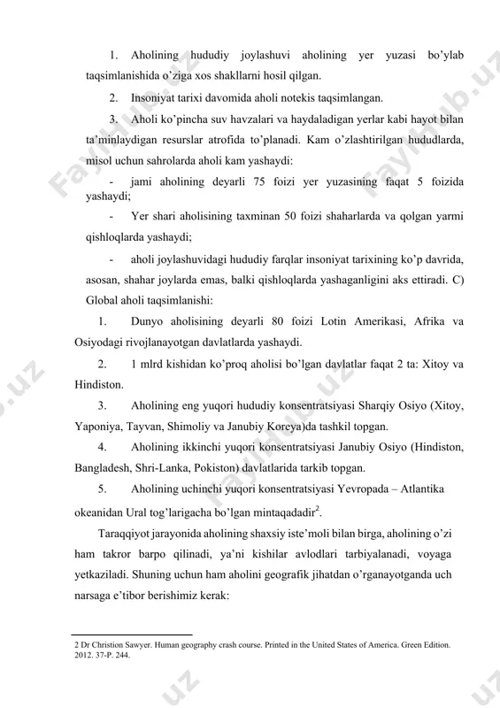 ganayotganda uch narsaga e’tibor berishimiz kerak: 1. aholi moddiy boylik ishlab chiqaruvchi kuch, barcha moddiy ne’matlarning yaratuvchisi. 2. aholi ishlab chiqarilgan ijtimoiy mahsulotlar ma’lum qismining iste’molchisi. 3. aholi butun ijtimoiy takror ishlab chiqarish jarayonining asosiy qismi bo’lib, o’zi ham takror barpo qilinishi zarur. har qanday iqtisodiy geografik muammolarni hal qilishda aholiga xos bo’lgan ana shu xususiyatni o’rganish zarur. shuning uchun ham aholi geografiyasi iqtisodiy geografiyaning tarkibiy qismidir. aholi geografiyasi iqtisodiy geografiyaning bir tarmog’i bo’lishi bilan birga, boshqa tarmoqlar: sanoat geografiyasi, transport geografiyasi, qishloq xo’jaligi geografiyasi orasida alohida o’rin tutadi. aholi geografiyasi aholining tarkibi, dinamikasi va joylashuvidagi shunday hududiy farqlarki, bu farqlarni vujudga keltiradigan qonuniyatlarni, aholi punktlarining hududiy tizimlarini va ularning rivojlanish qonuniyatlarini o’rganadi. shuningdek, aholi geografiyasi aholining yer shari bo’yicha, ayrim davlatlar hamda rayonlar bo’yicha harakatini o’rganadi. aholi geografiyasining muhim tushunchalaridan biri – aholining hududiy joylashish shakllaridir. aholi geografiyasining yana bir muhim tushunchasi – aholining funksional guruhlarga bo’linishi. aholi uchta …