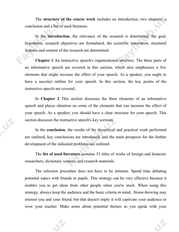zing, and researching abilities through informative speaking. you'll learn how to find and clearly display information. you can be a successful "teacher" during your informative speech if you take the time to thoroughly research and comprehend your topic, to develop a speech that is clearly arranged, and to practice an enthusiastic, energetic manner of delivery. the opportunity to practice a style of speaking that you will surely utilize later in your professional career will be your last opportunity. [17;58-p]. your audience should receive engaging, practical, and original information from your informative speech. you can make progress in your endeavors to be an informed speaker by devoting yourself to the aims of imparting knowledge and engaging your audience. major types of informative speeches in this guide, we focus on informative speeches about: 1. objects 2. processes 3. events 4. concepts these categories offer a useful system for classifying and rating informative …
