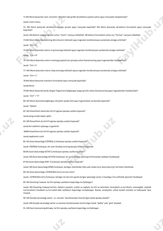 rejimda ishlovchi prezi dasturini ishga tushirish qaysi manzil orqali amalga oshiriladi? javob: https://prezi.com 56. multimedia vositalari asosida o’qitish qanday afzalliklarga ega? javob: multimedia vositalari asosida o'qitish quyidagi afzalliklarga ega: 1. qiziqarli va ko'proq ehtiyojlariga javob beradi. multimedia vositalari o'qituvchilar va o'quvchilar uchun qiziqarli va ko'proq ehtiyojlariga javob beradi, chunki ular matn, tasvir va video kombinatsiyalaridan foydalanish orqali ma'lumotlarni o'rganishni osonlashtiradi. 2. o'quvchilarning tushunchalarini oshiradi. multimedia vositalari o'quvchilarning tushunchalarini oshiradi, chunki ular turli turlarda matn, tasvir, video va boshqa multimedia elementlari ishlatish orqali ma'lumotlarni ko'rsatishga imkon beradi. 3. o'quvchilarning motivatsiyasini oshiradi. multimedia vositalari o'quvchilarning motivatsiyasini oshiradi, chunki ular qiziqish va qiziqarli elementlarni ishlatish orqali o'quvchilarni ma'lumotlarni o'rganishga qiziqish va qiziqarliroq bo'lishiga yordam beradi. 4. o'quvchilarning ish bilan bog'liqlikni oshiradi. multimedia vositalari o'quvchilarning ish bilan bog'liqlikni oshiradi, chunki ular amaliyotlar, mashqlar va boshqa ish bilan bog'liq elementlarni o'z ichiga oladi. 5. o'quvchilarning tajribalarini oshiradi. multimedia vositalari o'quvchilarning tajribalarini oshiradi, chunki ular o'quvchilarning …