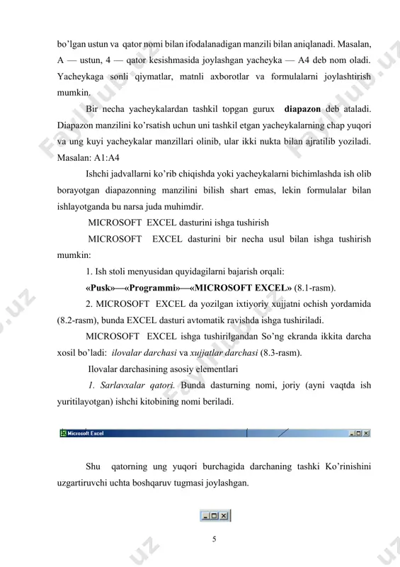 andart buyruqlarini takrorlovchi tugmalardan (piktogrammalar)dan iborat. b) bichimlash uskunalari paneli, buyruqlarni kursatuvchi va kiritilayotgan axborotlarni bichimlashga imkon beruvchi tugmalardan iborat. 4. formulalar qatori. microsoft excel ga ma`lumotlar kiritilayotganda barcha axborotlar, matnlar, sonlar va formulalar mana shu qatorda aks ettiriladi. 5. nom maydoni. bu maydonda joriy ishchi kitobning faol yacheykalarining manzili va nomi ko’rsatiladi. nom maydoni diapazon (yacheykalar guruxi)ga yoki tanlangan yacheykaga tezda nom berish uchun xam ishlatiladi. agar sichqoncha ko’rsatkichini nom maydonidan ung tomonda joylashgan strelka ustiga olib borib sichqonchaning chap tugmasini bossak, unda faol ishchi kitobidagi nomlangan yacheykalar va diapazonlarning ( agar ular mavjud bo’lsa) xamma nomlarini birma-bir ko’rib chiqish mumkin. 6. xolat qatori. unda yacheykaga tegishli turli ma`lumotlar ko’rsatiladi. elektron jadvallar hayotning har xil sohasida uchraydigan hisoblash va iqtisodiy masalalarni echishda, jumladan, berilganlarni tez o’zgartirib turuvchi masalalarni tezkorravishda ishlab chiqishda, masalan, bank hujjatlari bilan ishlashda kabi keng ko’lamli masalalarni echishda qo’llaniladigan o’ta quvatli vosita hisoblanadi. hisoblash elektron jadvalining …