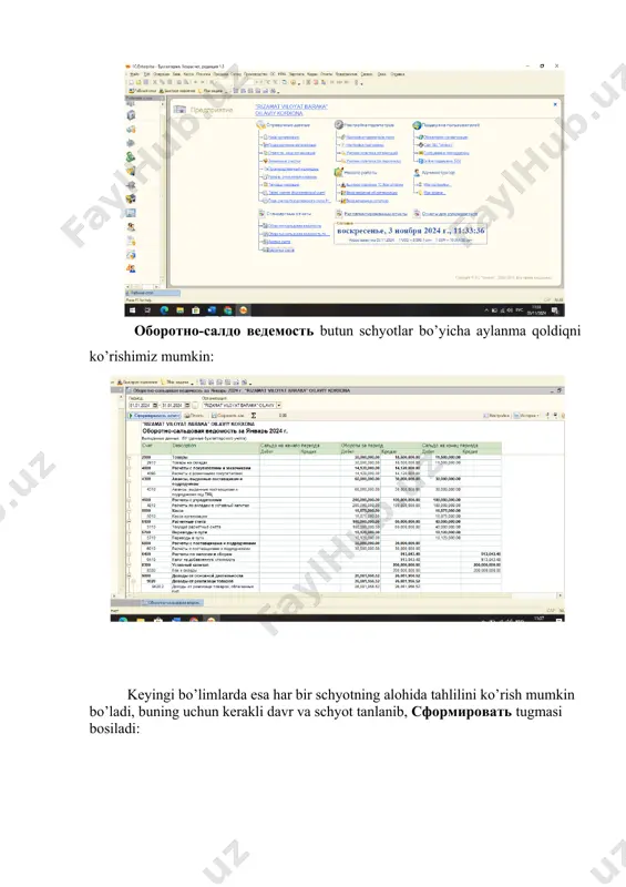 bu hisobotni hajmini kamaytiradi va uni yuborishni osonlashtiradi. hisobotni chiqarib olishning afzalliklari: · ma'lumotlarni boshqa dasturlarda ishlatish: excel yoki csv formatida eksport qilish hisobotlarni boshqa dasturlar bilan integratsiyalash imkonini beradi. · yangi ko‘rinishdagi tahlillar va prezentatsiyalar: hisobotlarni word yoki excel formatlarida saqlash orqali ularni qo‘shimcha tahlil qilish, taqdimot yoki boshqa hujjatlarga kiritish oson bo‘ladi. · ma'lumotlar xavfsizligi: pdf formatida saqlash hisobotni o‘zgartirish yoki buzilishdan himoya qiladi. misol sifatida pul oqimlari to’g’risida hisobotni chiqarib olish tartibini ko’rib chiqamiz. avval hisobotni ochib olamiz. oyna pastidagi печать tugmasi orqali to’g’ridan to’gri chop etishga yoki electron shaklda saqlab qo’yishni tanlashimiz mumkin. undan keyin chop etish va saqlash uchun hujjat blankasi paydo bo’ladi. uni istalgan formatda saqlab chiqarishimiz mumkin. ўзбекистон республикаси молия вазирининг 2002 йил 27 декабрдаги 140-сонли буйруғига 4-сонли илова, ўзр ав томонидан 2003 й. 24 январда рўйхатга олинган № 1209 пул оқимлари тўғрисидаги ҳисобот - 4-сонли шакл отчет о денежных потоках - форма …