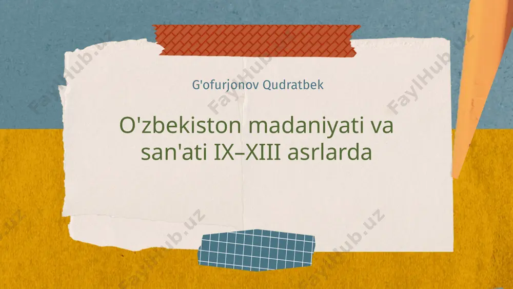qolishda asosiy vosita bo'lgan. yozma san'atning rivojlanishi sifat va uslub jihatidan yuksalgan. eski qur'onlar, ilmiy va adabiy matnlar, shuningdek, noyob qo'lyozmalar o'zbekistonda topilgan. bu asarlar yozma san'atning nafaqat dini, balki ilmiy va madaniy ma'lumotlarni uzatishda muhim ahamiyatga ega ekanligini ko'rsatadi. yozma san'at madaniy va diniy kontekstda muhim ahamiyat kasb etgan. u jamiyat va siyosiy hayotda o'z aksini topgan, uslublar va madaniyatning rivojlanishiga turtki bo'lgan. bu san'at turlari yozma merosimizni boyitib, milliy identifikatsiya uchun muhim bo'lib qolgan. nodavlat san'at namunalari nodavlat san'atning ahamiyati va o'ziga xosligi uning davlat nazoratidan tashqarida rivojlanishi bilan bog'liq. bu san'at turlari diniy, ruhiy yoki shaxsiy maqsadlarda yaratilgan. ix–xiii asrlarda nodavlat san'at rivojlanib, bezakli hunarmandchilik, kaligrafiya, to'qimachilik va keramika kabi sohalar keng tarqaldi. bu san'at asarlari xalqning madaniy hayotida muhim o'rin egalladi. nodavlat san'at asarlarini tahlil qilishda uning madaniy va dini kontekstini hisobga olish muhim. masalan, keramika va to'qimachilik diniy marosmlar va kundalik hayotda qo'llanilgan. madaniyat va …